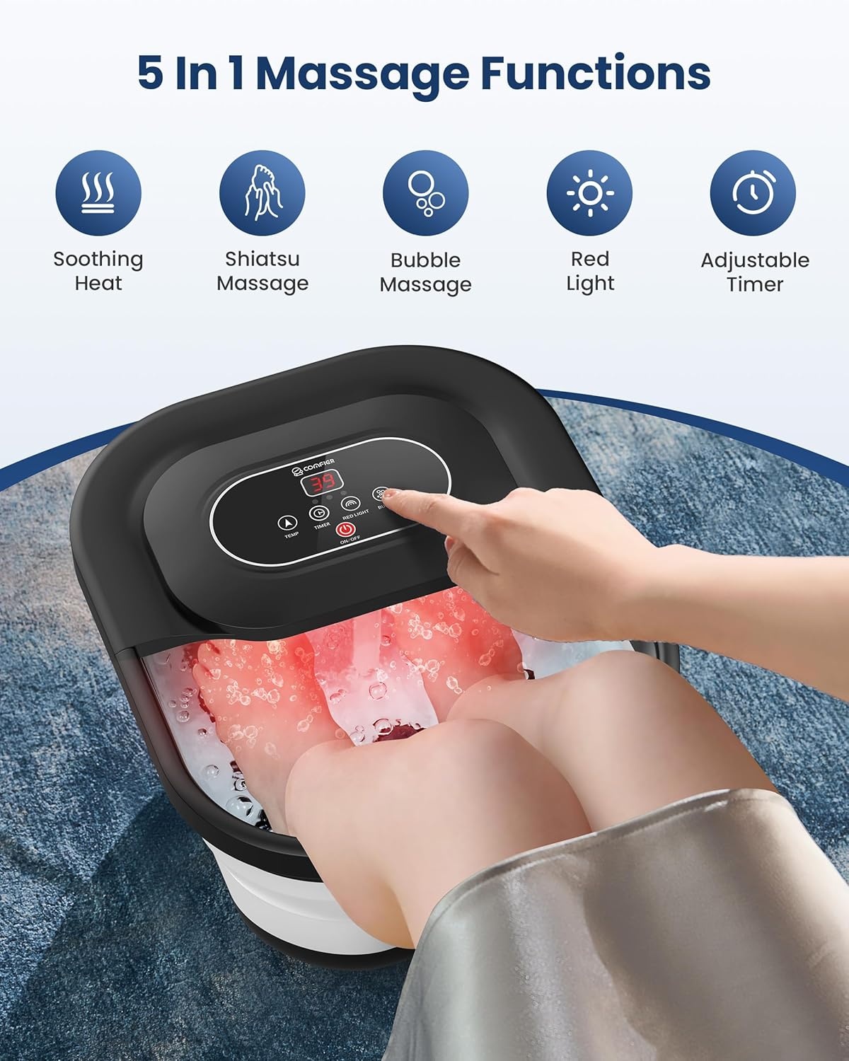 COMFIER Voetbubbelbad met massage en verwarming, opvouwbaar apparaat, vibratie en bubbels, timer, pedicure puimsteen, 35-48 °C, 8 shiatsu-wielen (zwart)