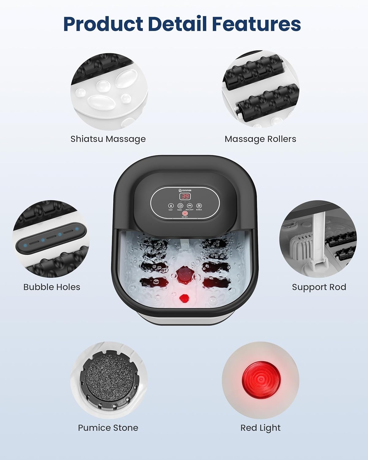 COMFIER Voetbubbelbad met massage en verwarming, opvouwbaar apparaat, vibratie en bubbels, timer, pedicure puimsteen, 35-48 °C, 8 shiatsu-wielen (zwart)