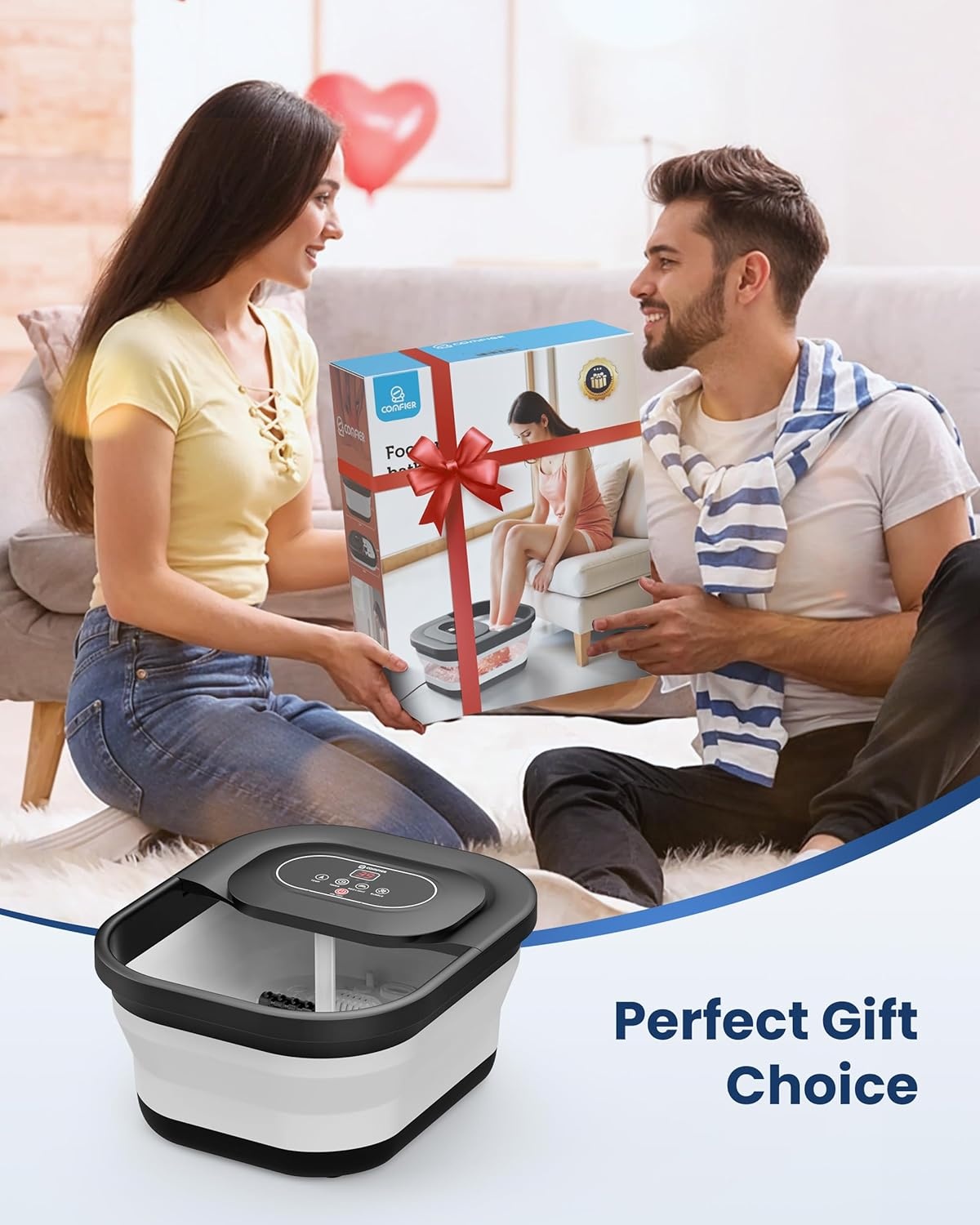 COMFIER Voetbubbelbad met massage en verwarming, opvouwbaar apparaat, vibratie en bubbels, timer, pedicure puimsteen, 35-48 °C, 8 shiatsu-wielen (zwart)