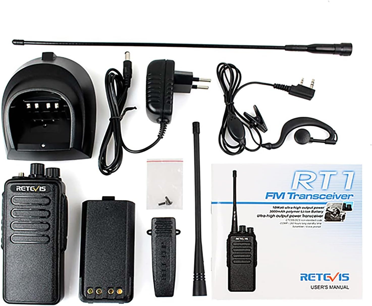 Retevis RT1 Walkie Talkie Long Range, 10km Lange Afstandsradio met Headset, Draagbare Radio met 3000mAh 1750Hz, Professionele Walky Talky voor Beveiliging, Bouwplaats (Zwart, 2 Stuks)