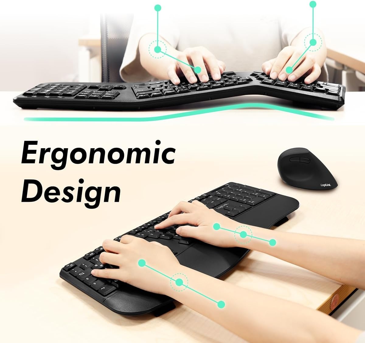 LogiLink Ergonomische draadloze toetsenbord-muisset met gedeeld toetsenbord (met 13 multimedia-toetsen)