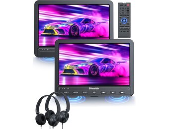 GOnavidio Autodvd-speler met 2 Schermen (10,5") en 5 uur Batterijduur, 2 Hoofdtelefoons, USB/SD, Regio-vrij