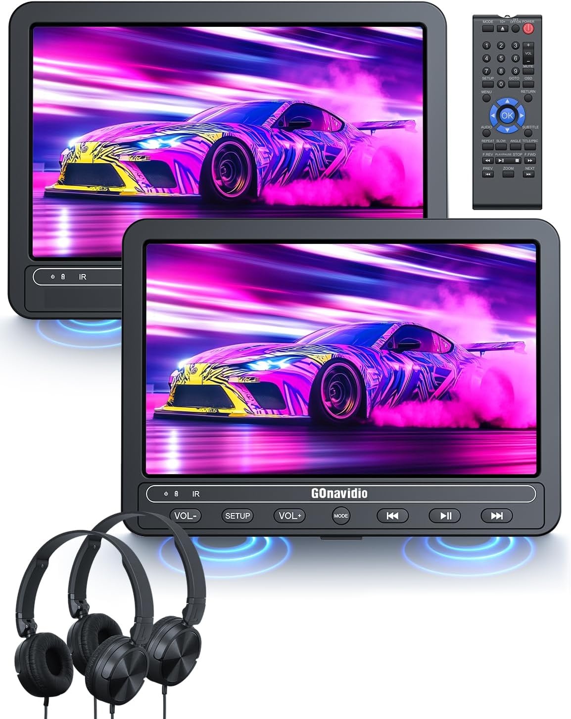 GOnavidio Autodvd-speler met 2 Schermen (10,5") en 5 uur Batterijduur, 2 Hoofdtelefoons, USB/SD, Regio-vrij