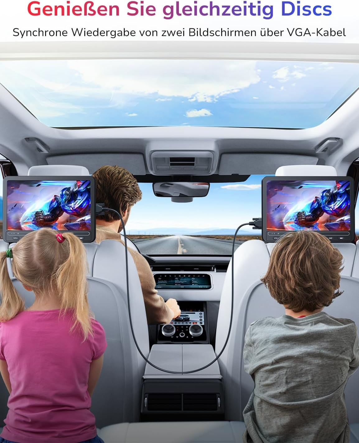 GOnavidio Autodvd-speler met 2 Schermen (10,5") en 5 uur Batterijduur, 2 Hoofdtelefoons, USB/SD, Regio-vrij