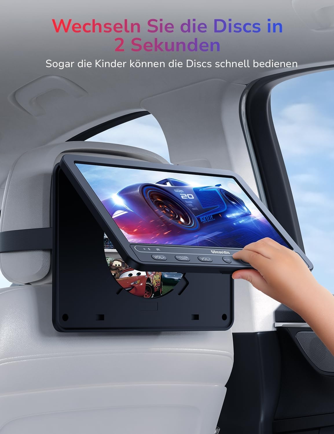 GOnavidio Autodvd-speler met 2 Schermen (10,5") en 5 uur Batterijduur, 2 Hoofdtelefoons, USB/SD, Regio-vrij