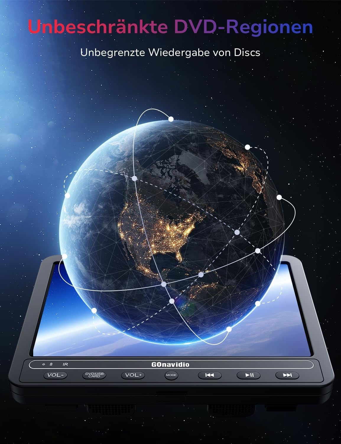 GOnavidio Autodvd-speler met 2 Schermen (10,5") en 5 uur Batterijduur, 2 Hoofdtelefoons, USB/SD, Regio-vrij