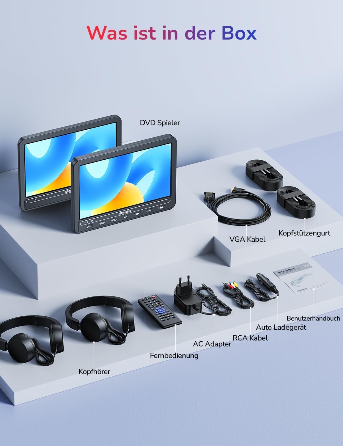 GOnavidio Autodvd-speler met 2 Schermen (10,5") en 5 uur Batterijduur, 2 Hoofdtelefoons, USB/SD, Regio-vrij