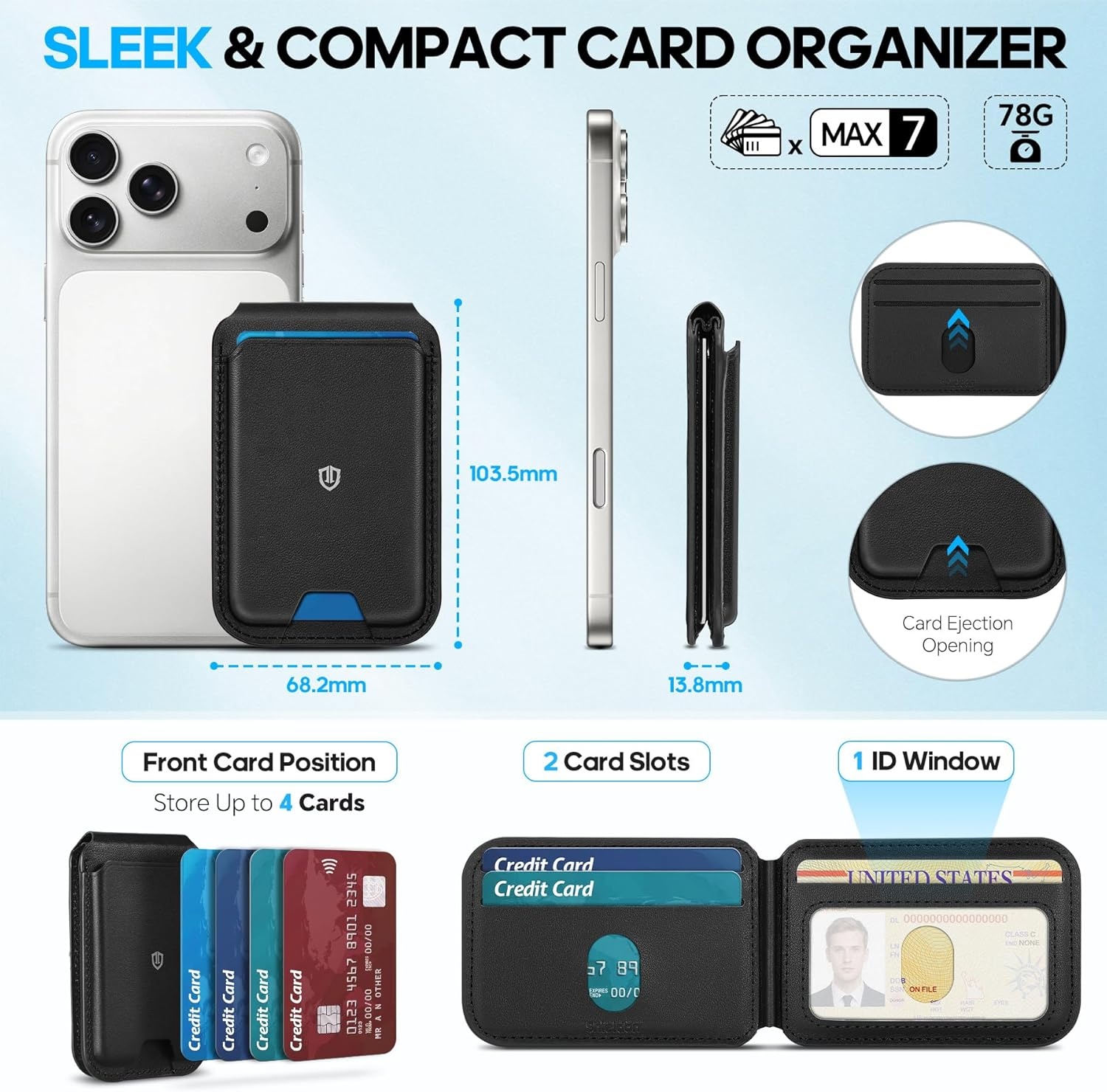 SHIELDON Portemonnee, echt lederen magnetische kaarthouder, RFID-blokkering en ID-venster, geschikt voor 6 kaarten, magnetische telefoonstandaard voor iPhone 16/15/14/13/12 Pro/Pro Max - Zwart