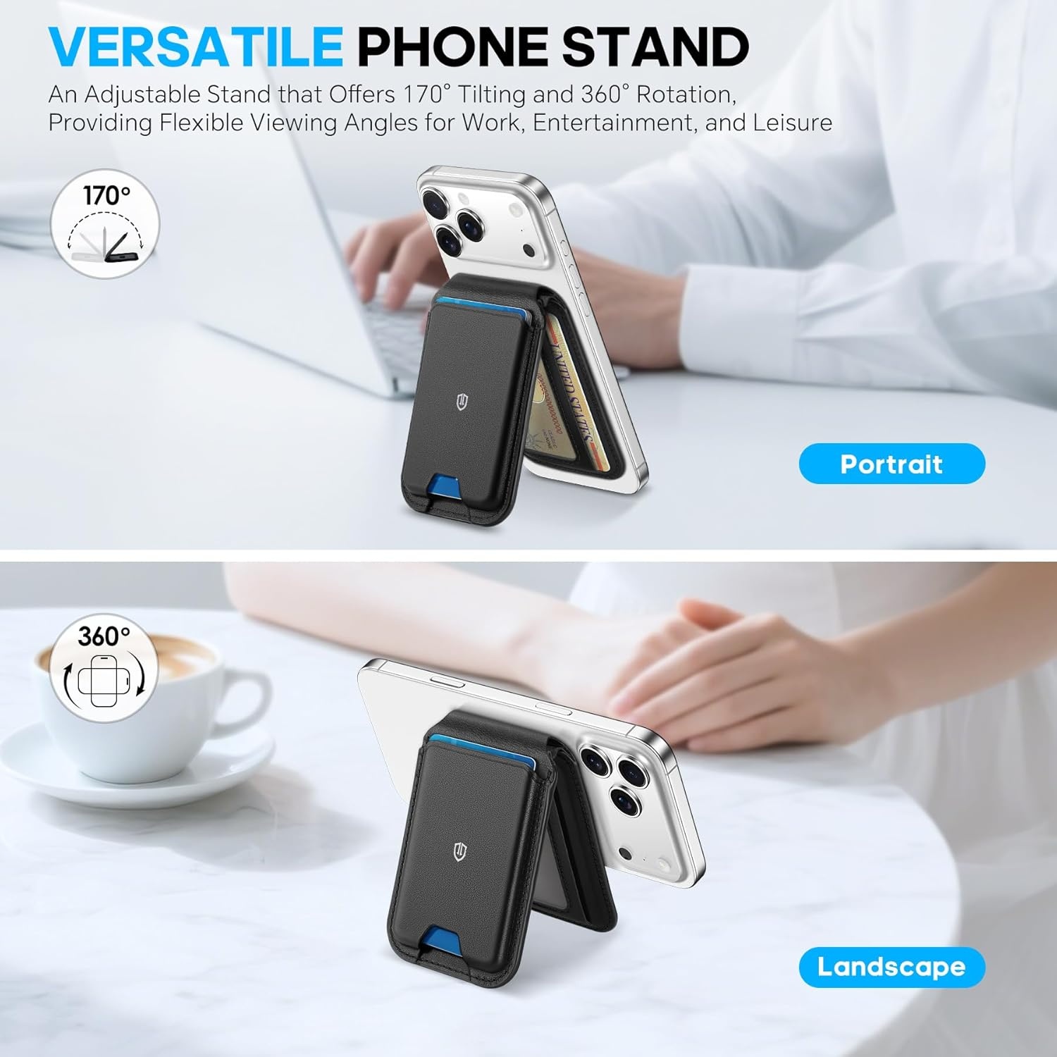 SHIELDON Portemonnee, echt lederen magnetische kaarthouder, RFID-blokkering en ID-venster, geschikt voor 6 kaarten, magnetische telefoonstandaard voor iPhone 16/15/14/13/12 Pro/Pro Max - Zwart