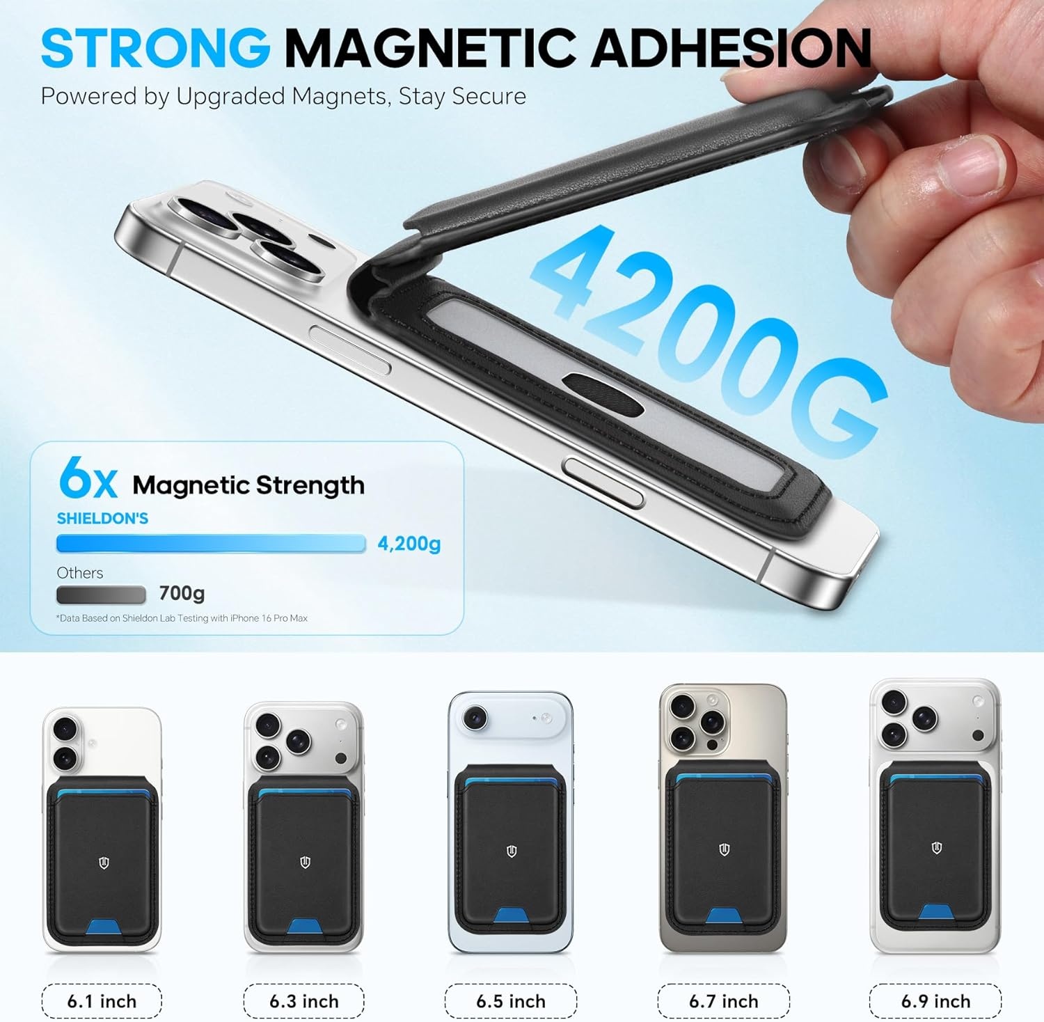 SHIELDON Portemonnee, echt lederen magnetische kaarthouder, RFID-blokkering en ID-venster, geschikt voor 6 kaarten, magnetische telefoonstandaard voor iPhone 16/15/14/13/12 Pro/Pro Max - Zwart