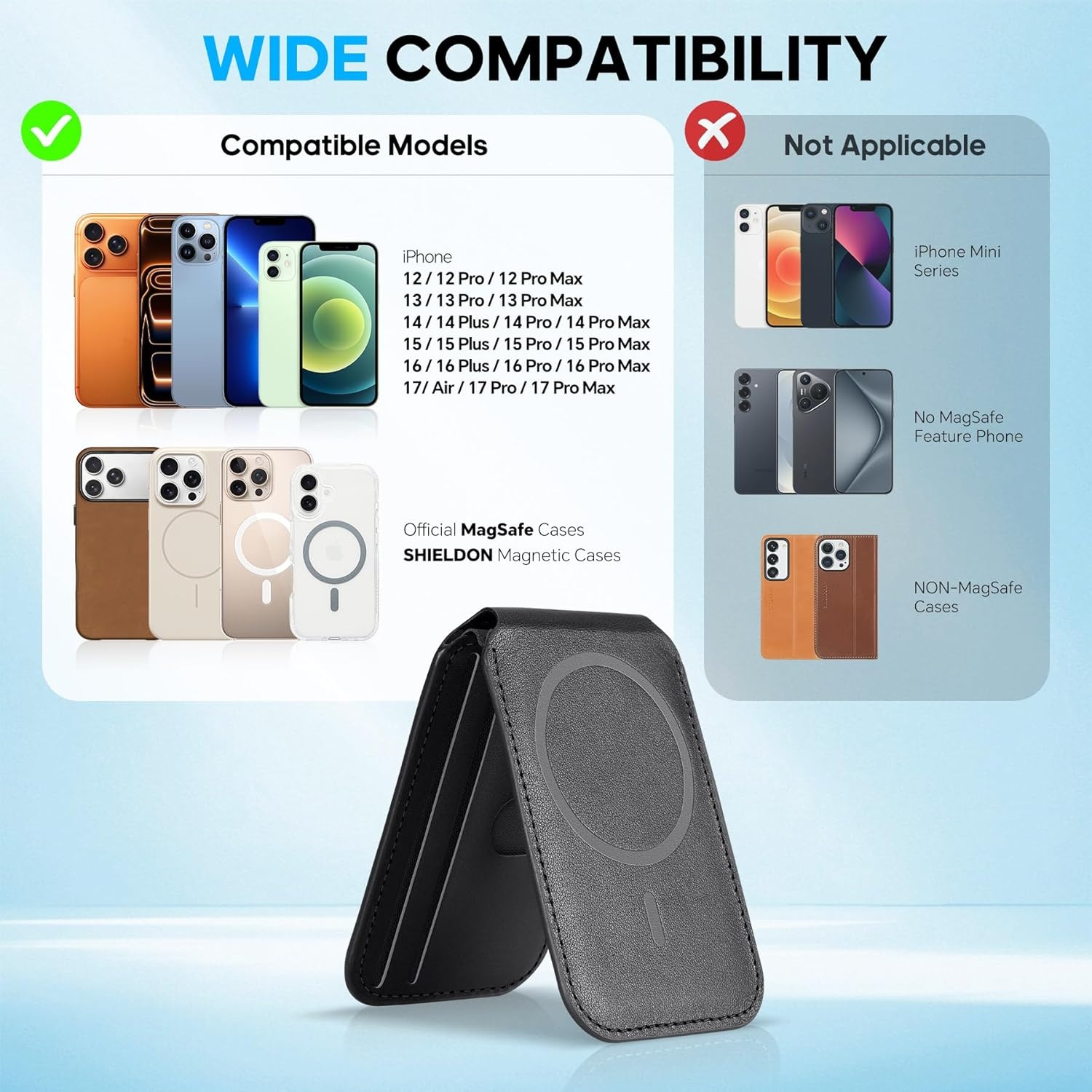 SHIELDON Portemonnee, echt lederen magnetische kaarthouder, RFID-blokkering en ID-venster, geschikt voor 6 kaarten, magnetische telefoonstandaard voor iPhone 16/15/14/13/12 Pro/Pro Max - Zwart