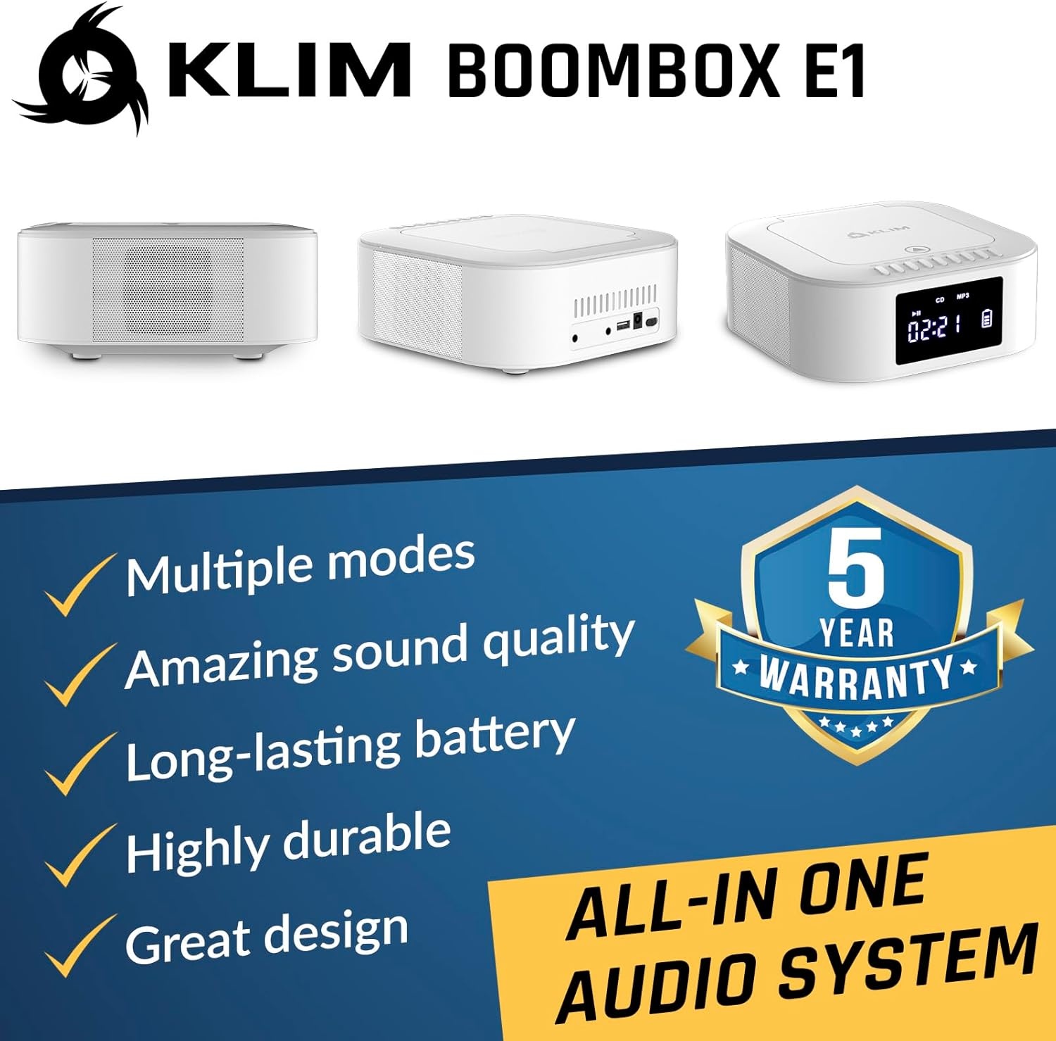 KLIM Boombox E1 CD-radio met Subwoofer & Bluetooth - Wit (29% Korting)
