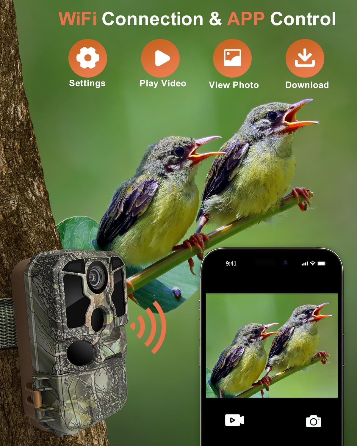 KJK Wildcamera met mobiele telefoontransmissie-app, 4K 64MP HD WLAN Bluetooth wildcamera met bewegingsmelder nachtzicht, 64 GB geheugenkaart, 0,1 s trigger