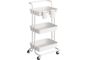 SONGMICS BSC067W01 Rolwagen, 3 niveaus, serveerwagen, keukentrolley met handvat, 2 kleine ophangvakken, 2 remmen, opbergvakken van kunststof, eenvoudige montage, slaapkamer, wit
