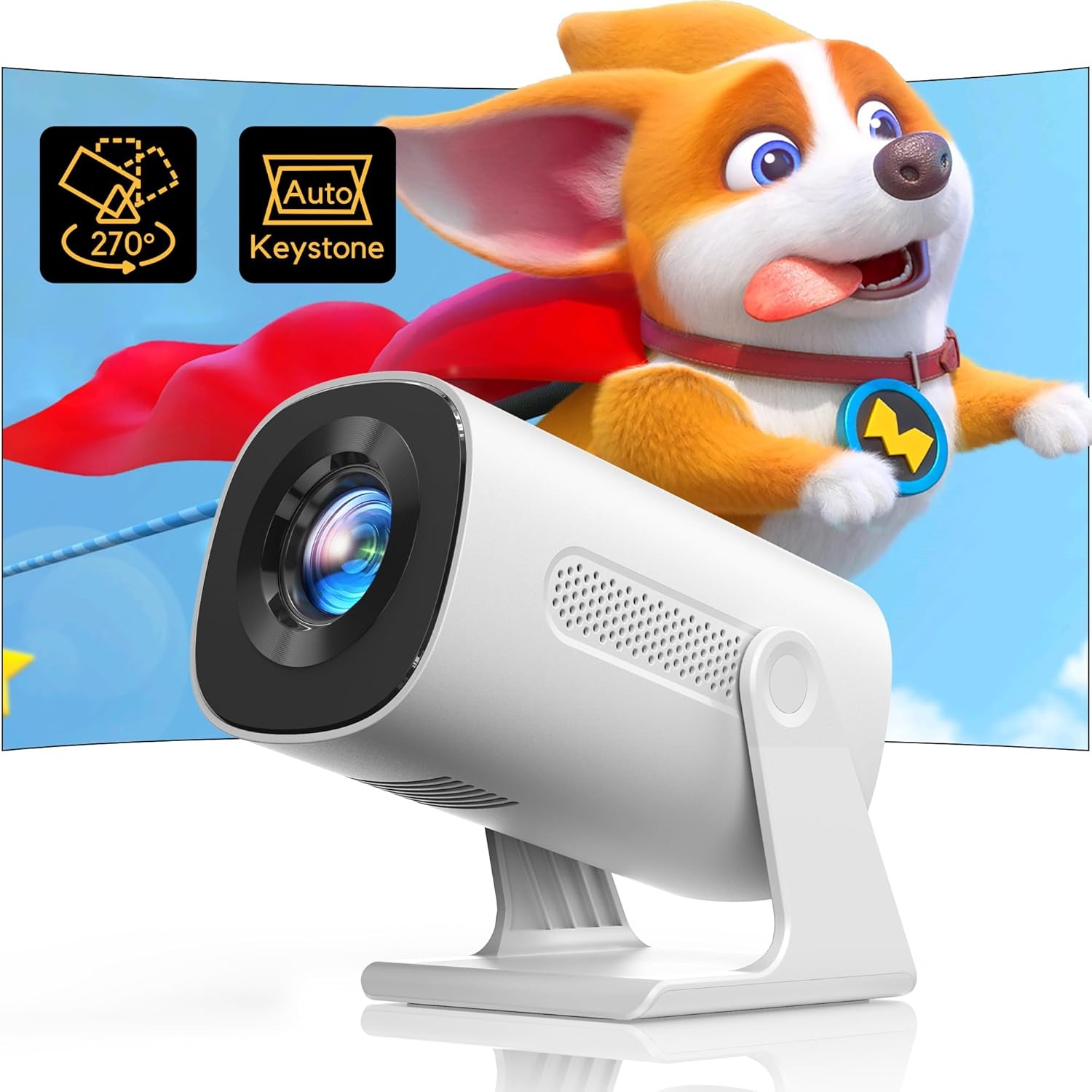 【Auto Keystone/270° Rotatie】 Mini-projector Bluetooth 1080p Full HD, 15.000 lumen AKIYO O3 draagbare videoprojector, hoek 270° projector 4K thuisbioscoop voor PS5/TV Stick HDMI USB