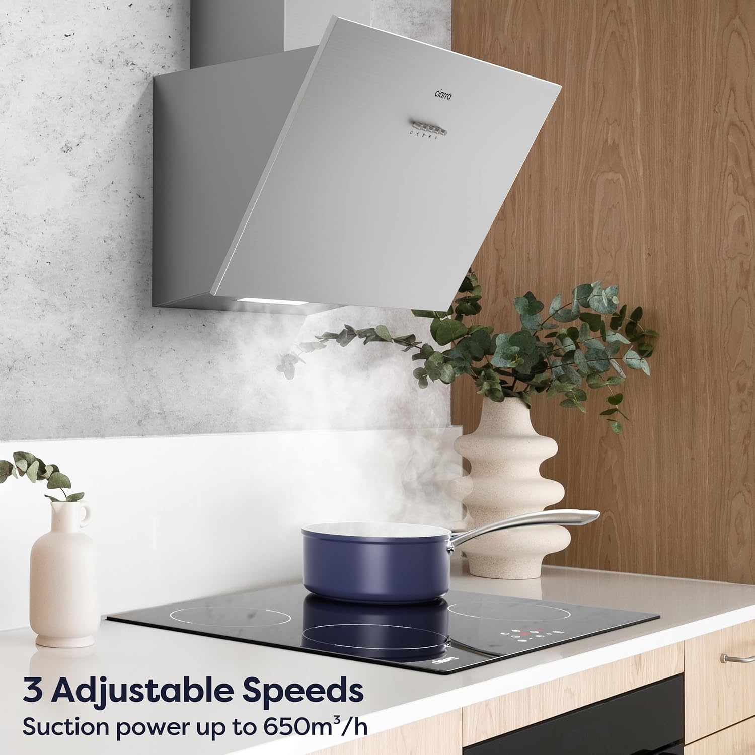 CIARRA CBCS6762A Gedeeltelijk Ingebouwde Afzuigkap 60cm met CBCF003 Koolstoffilters 650m³/h Dakloze Afzuigkap met LED-verlichting Afvoer en Recirculatie Keukenventilator