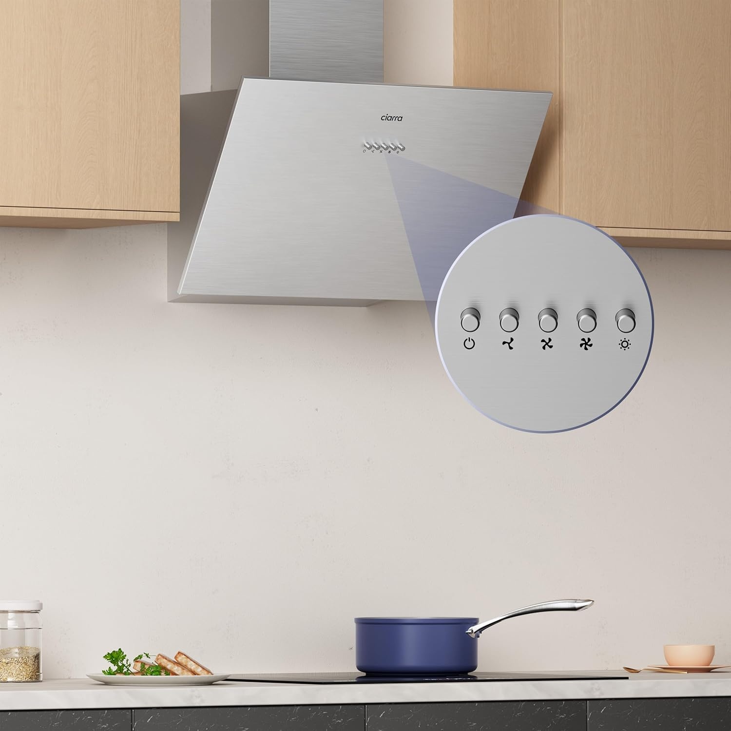 CIARRA CBCS6762A Gedeeltelijk Ingebouwde Afzuigkap 60cm met CBCF003 Koolstoffilters 650m³/h Dakloze Afzuigkap met LED-verlichting Afvoer en Recirculatie Keukenventilator