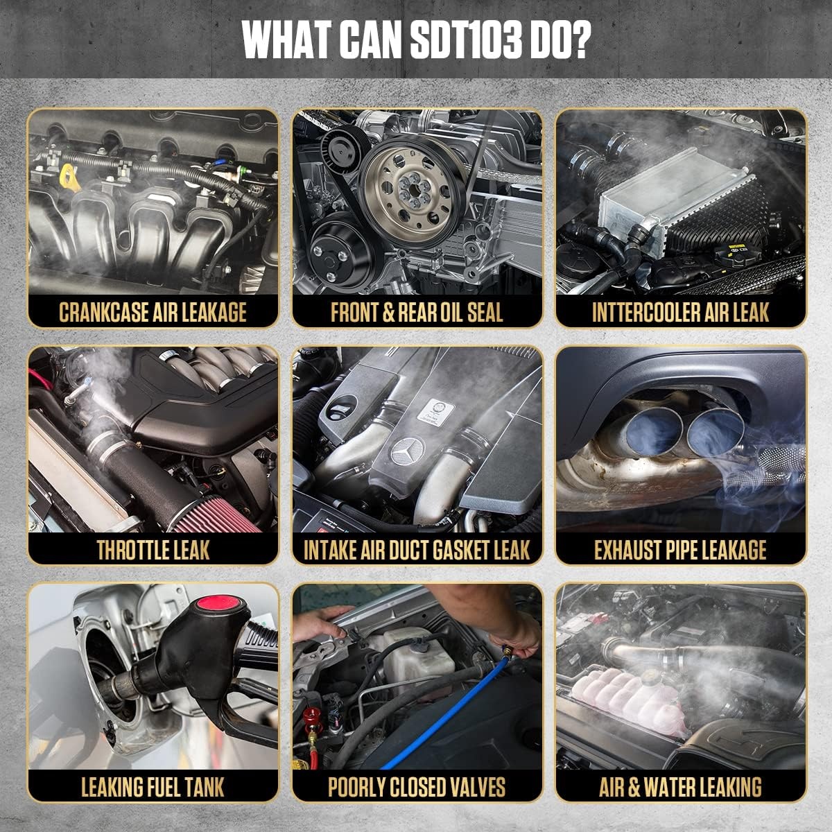 SDT103 Rooklekdetector voor in de auto, vacuüm, rookdiagnoseapparaat, pijpleiding, brandstof, lekdetector, compatibel met 12V-voertuigen,Evap-rookmachine met adapter