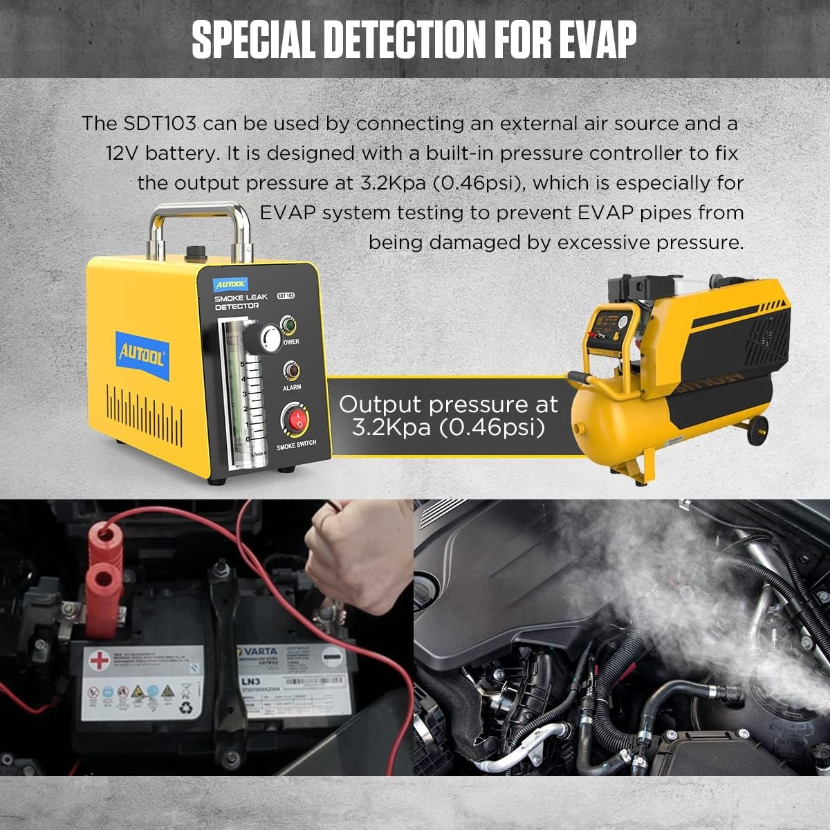 SDT103 Rooklekdetector voor in de auto, vacuüm, rookdiagnoseapparaat, pijpleiding, brandstof, lekdetector, compatibel met 12V-voertuigen,Evap-rookmachine met adapter