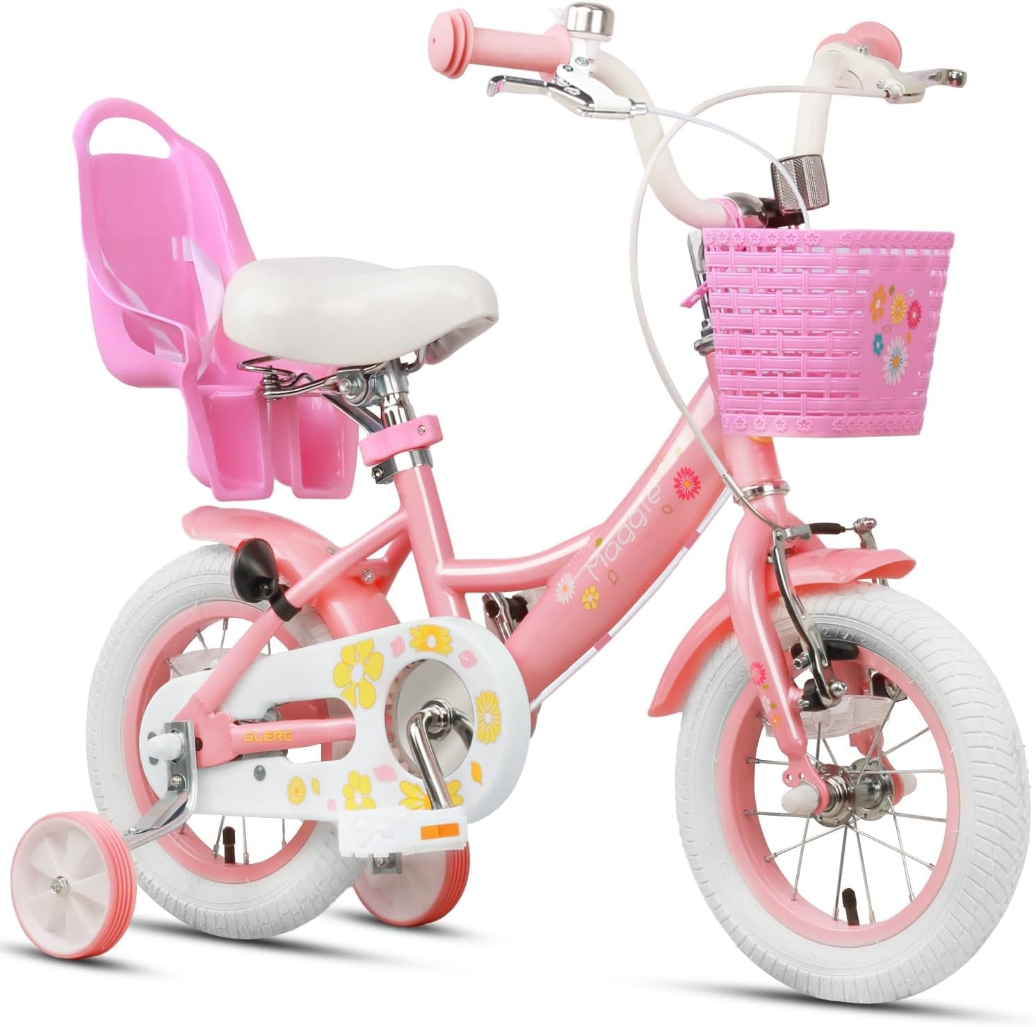 Glerc Maggie Meisjesfiets, 12-20“, kinderfiets voor 2-13 jaar oude kinderen, prinsessenstijl, kinderfiets met poppenzitje & mand en trainingswielen, meerdere kleuren