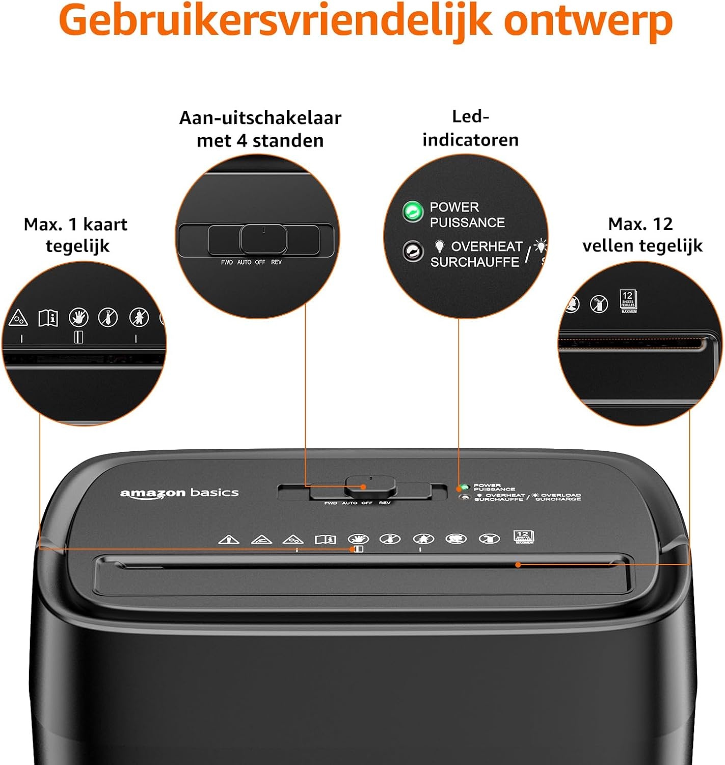 Amazon Basics Papiervernietiger met dwarsdoorsnede voor 12 vellen, voor papier, cd's en creditcards, shredder (nieuw model, zwart)