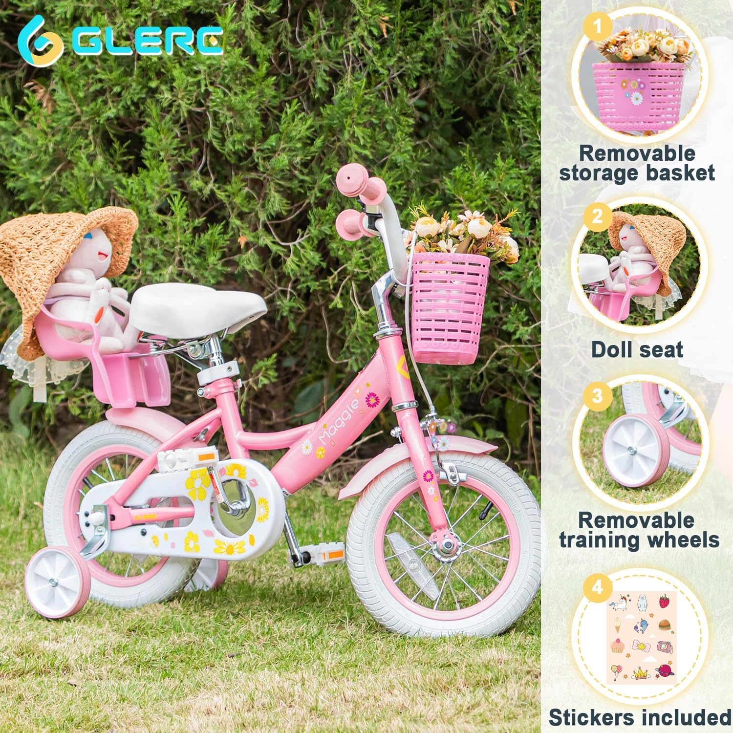 Glerc Maggie Meisjesfiets, 12-20“, kinderfiets voor 2-13 jaar oude kinderen, prinsessenstijl, kinderfiets met poppenzitje & mand en trainingswielen, meerdere kleuren