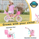 Glerc Maggie Meisjesfiets, 12-20“, kinderfiets voor 2-13 jaar oude kinderen, prinsessenstijl, kinderfiets met poppenzitje & mand en trainingswielen, meerdere kleuren