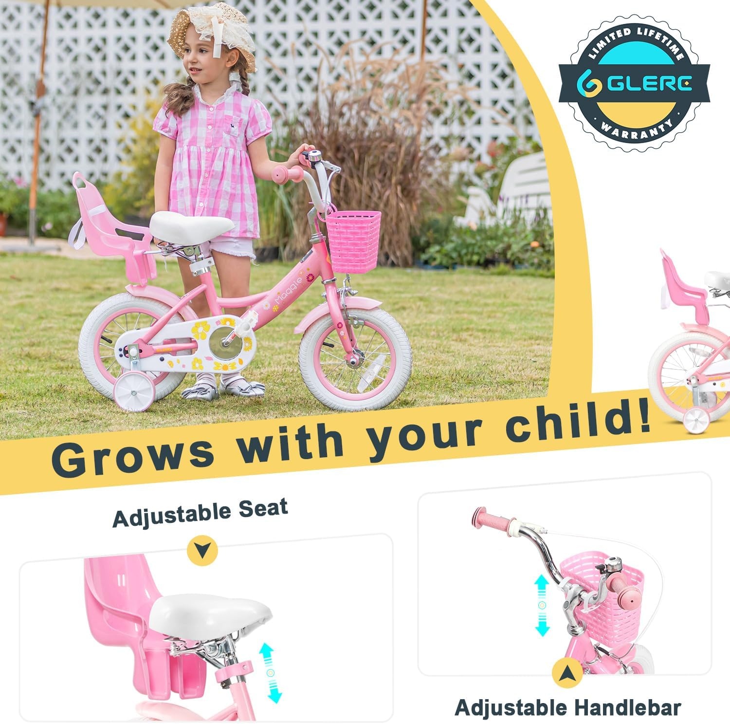 Glerc Maggie Meisjesfiets, 12-20“, kinderfiets voor 2-13 jaar oude kinderen, prinsessenstijl, kinderfiets met poppenzitje & mand en trainingswielen, meerdere kleuren