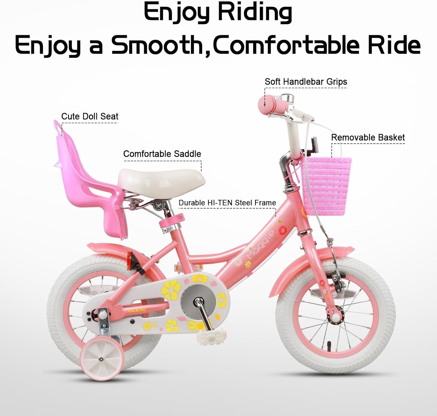 Glerc Maggie Meisjesfiets, 12-20“, kinderfiets voor 2-13 jaar oude kinderen, prinsessenstijl, kinderfiets met poppenzitje & mand en trainingswielen, meerdere kleuren