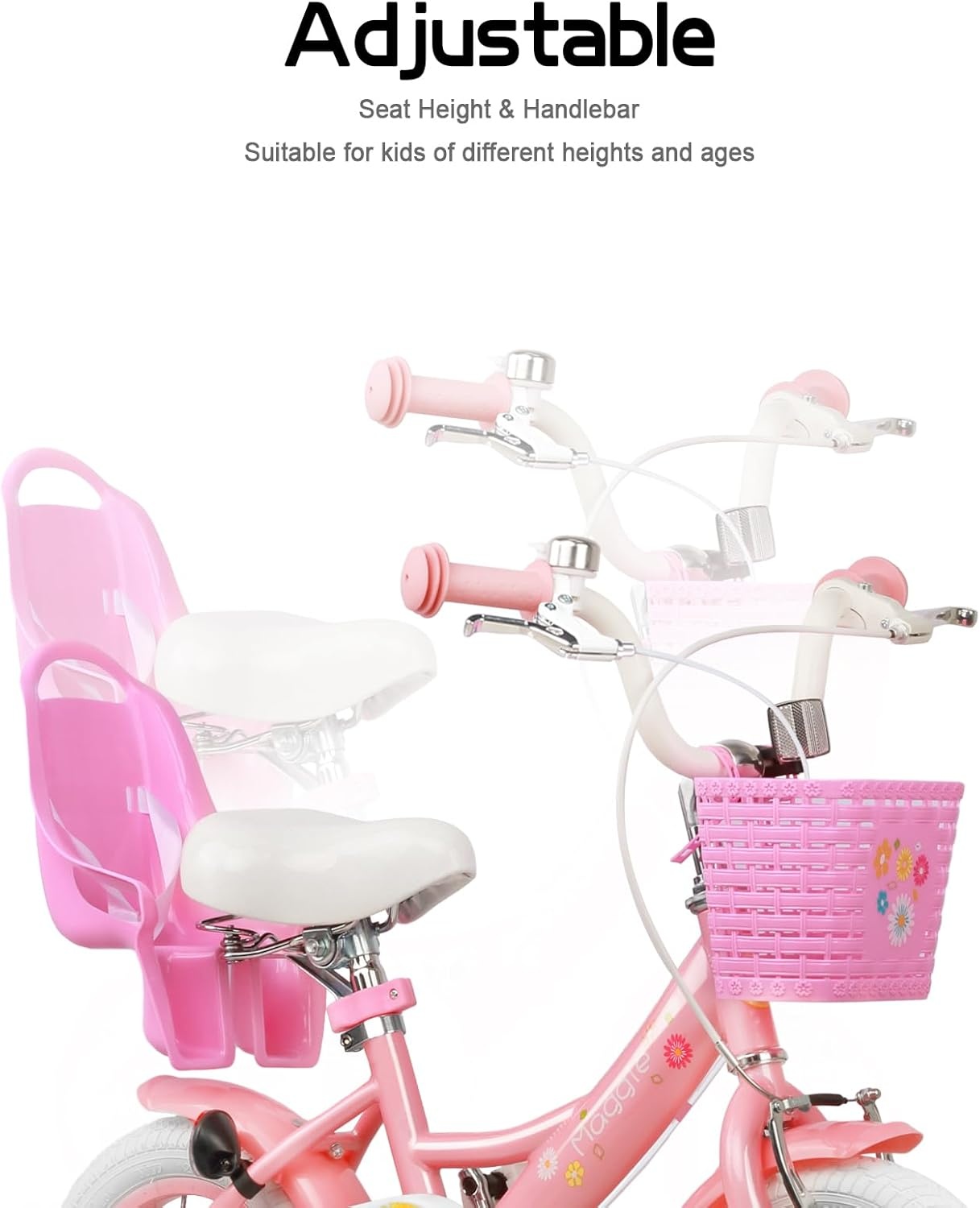 Glerc Maggie Meisjesfiets, 12-20“, kinderfiets voor 2-13 jaar oude kinderen, prinsessenstijl, kinderfiets met poppenzitje & mand en trainingswielen, meerdere kleuren