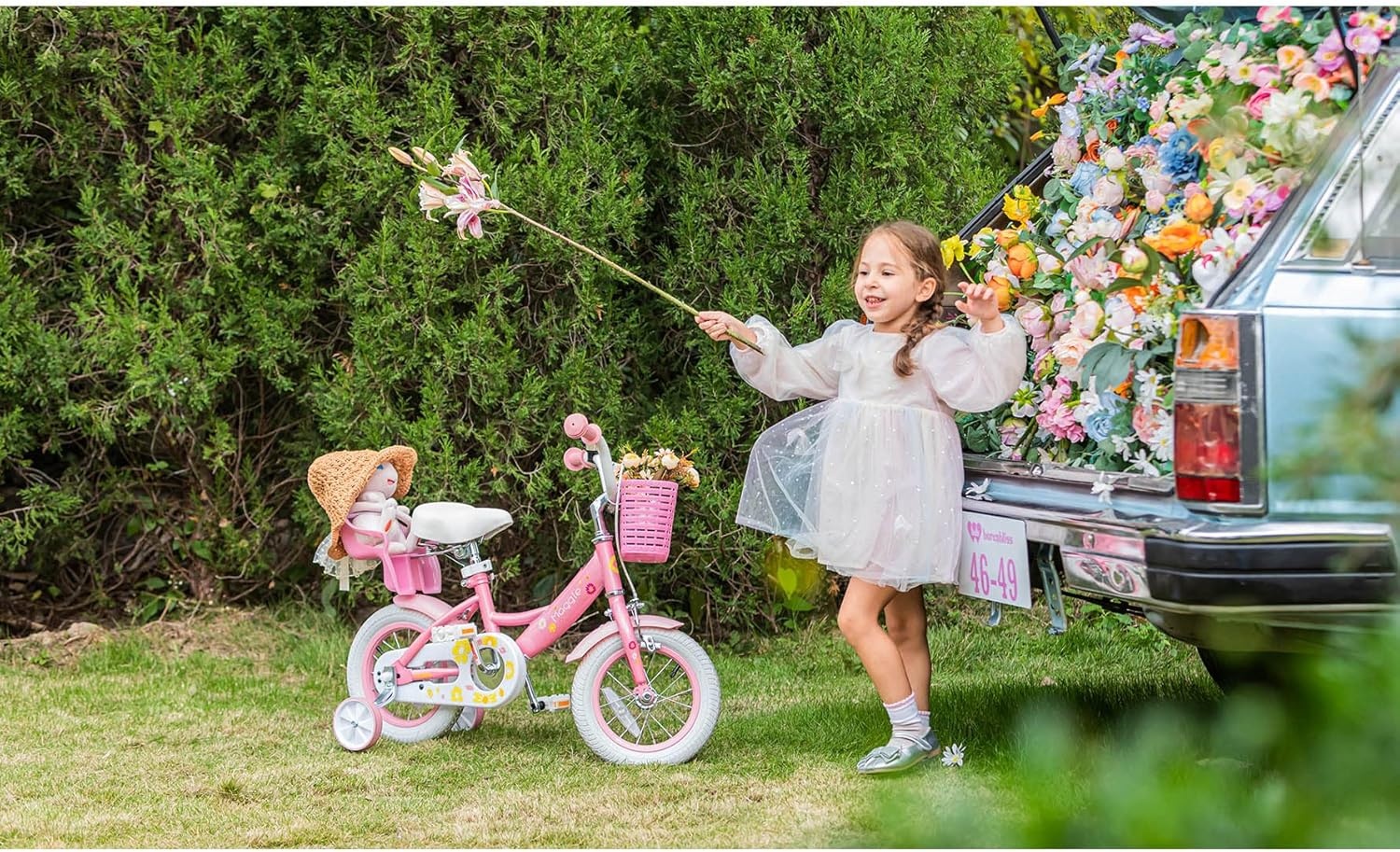 Glerc Maggie Meisjesfiets, 12-20“, kinderfiets voor 2-13 jaar oude kinderen, prinsessenstijl, kinderfiets met poppenzitje & mand en trainingswielen, meerdere kleuren