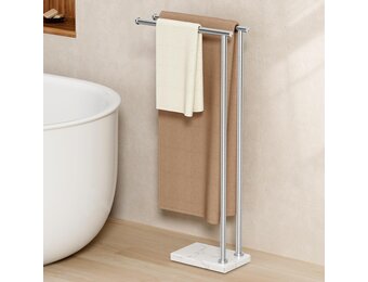 KES Vrijstaande handdoekhouder voor badkamer, 2-laags vrijstaande handdoekhouder met gewogen marmeren basis, SUS304 roestvrij staal, geborstelde afwerking, BTH235-2