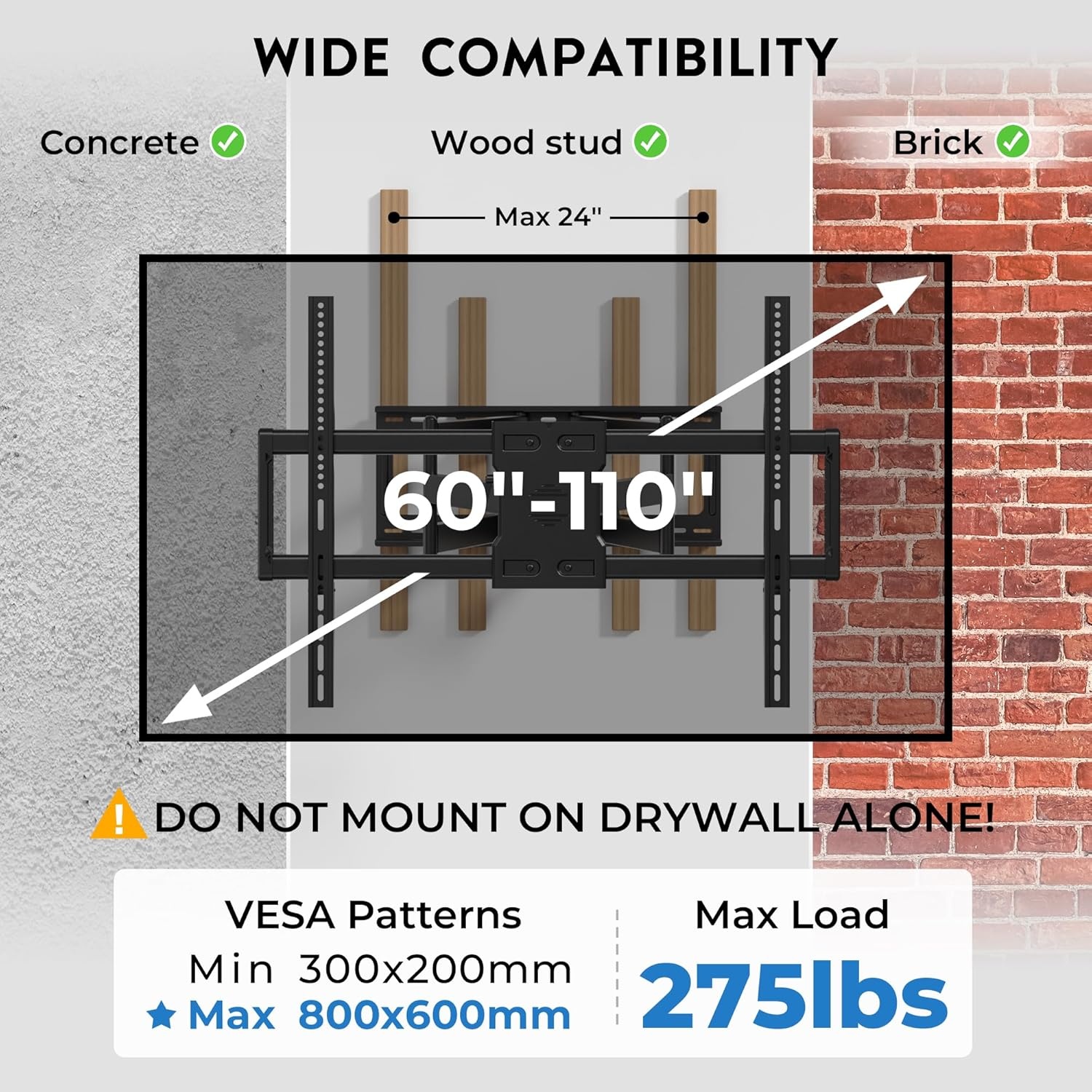 BONTEC TV Beugel voor 60-110" Flach & Curved LCD/LED TV, Uitschuifbaar tot 1016 mm, Zwaar Uitgevoerd Draaibaar TV Muurbeugel, Max. 125 kg, VESA 800x600 mm, voor Thuisbioscoop en Kantoor