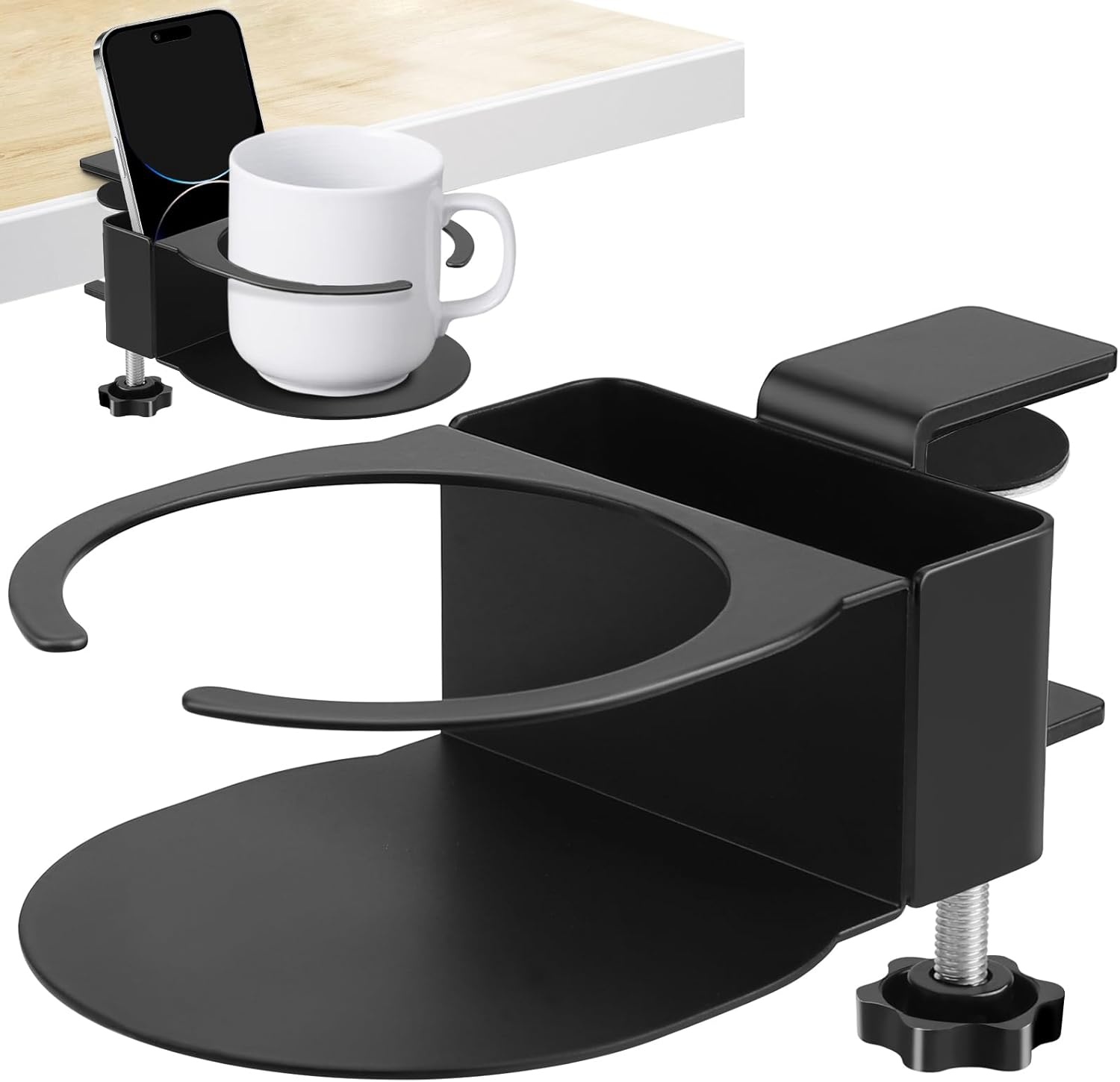 2-in-1 Bureau Bekerhouder & Telefoonstandaard - Zwart - 27% Korting