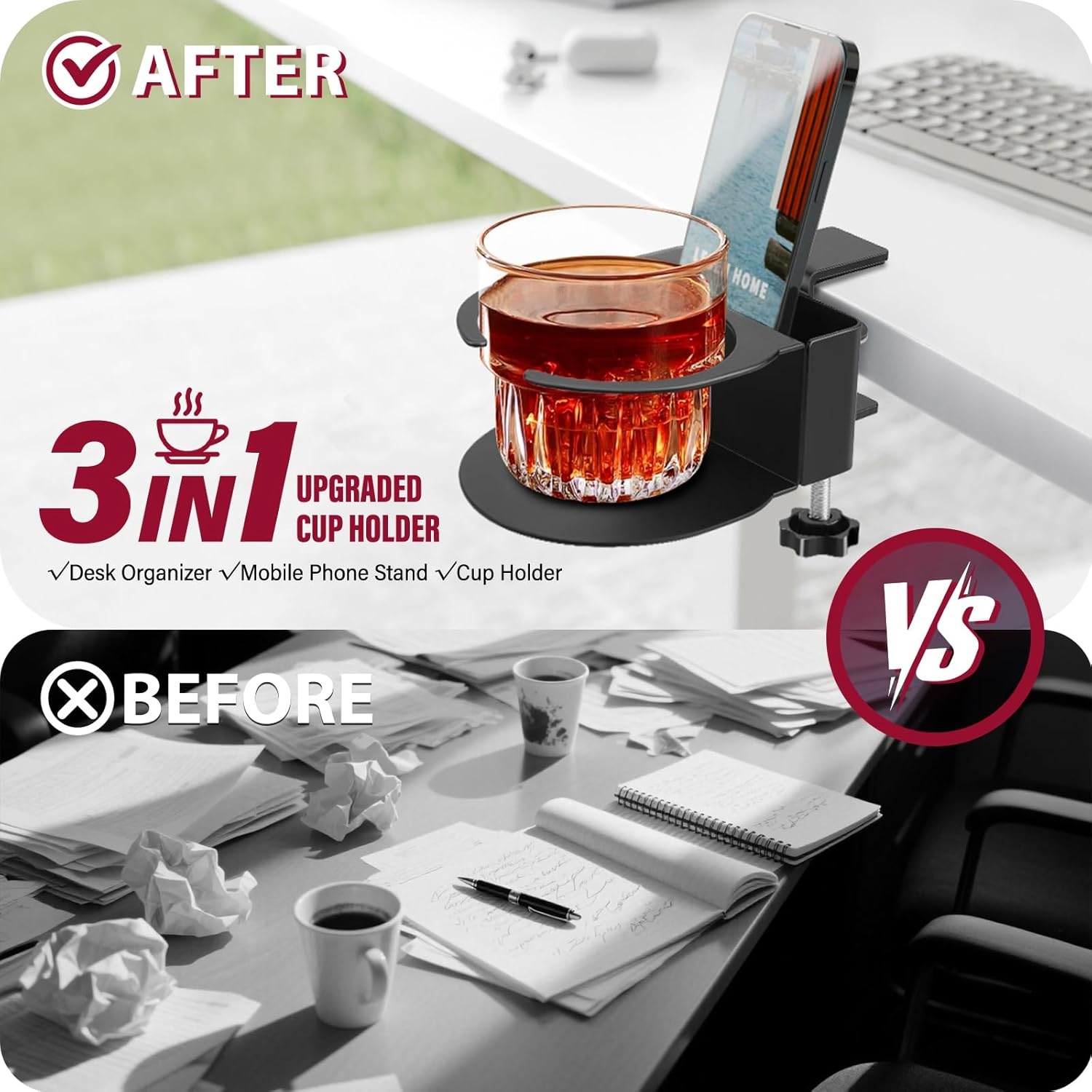 2-in-1 Bureau Bekerhouder & Telefoonstandaard - Zwart - 27% Korting