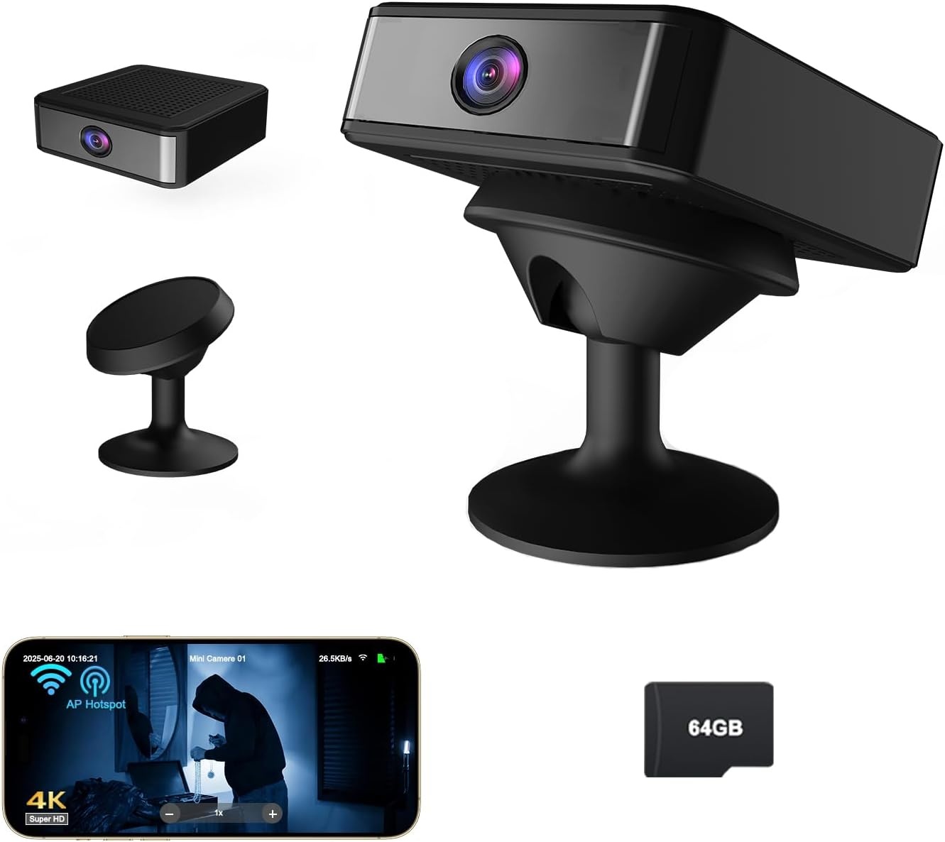 UCOCARE Mini-bewakingscamera voor binnen, werkt met of zonder wifi, mini-camera met 64 GB geheugenkaart, 940 nm nachtzicht, 6-7 uur batterijduur met één lading, voor binnen en buiten