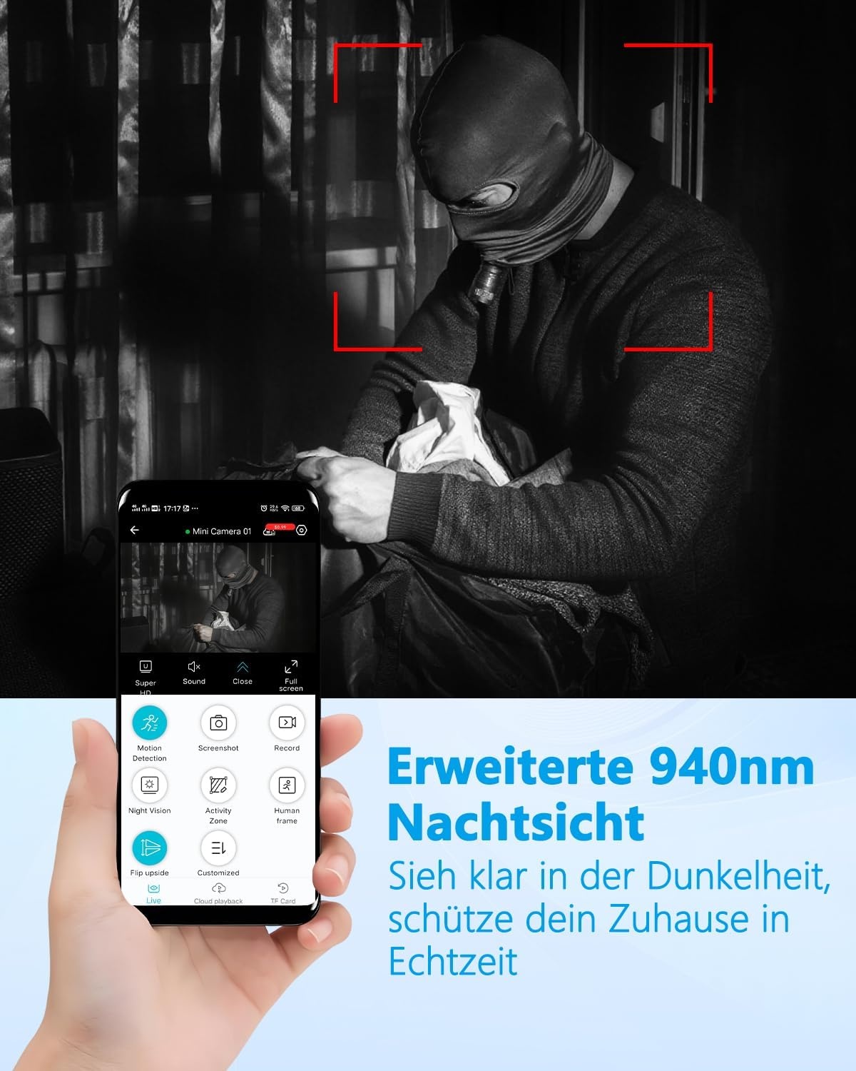 UCOCARE Mini-bewakingscamera voor binnen, werkt met of zonder wifi, mini-camera met 64 GB geheugenkaart, 940 nm nachtzicht, 6-7 uur batterijduur met één lading, voor binnen en buiten