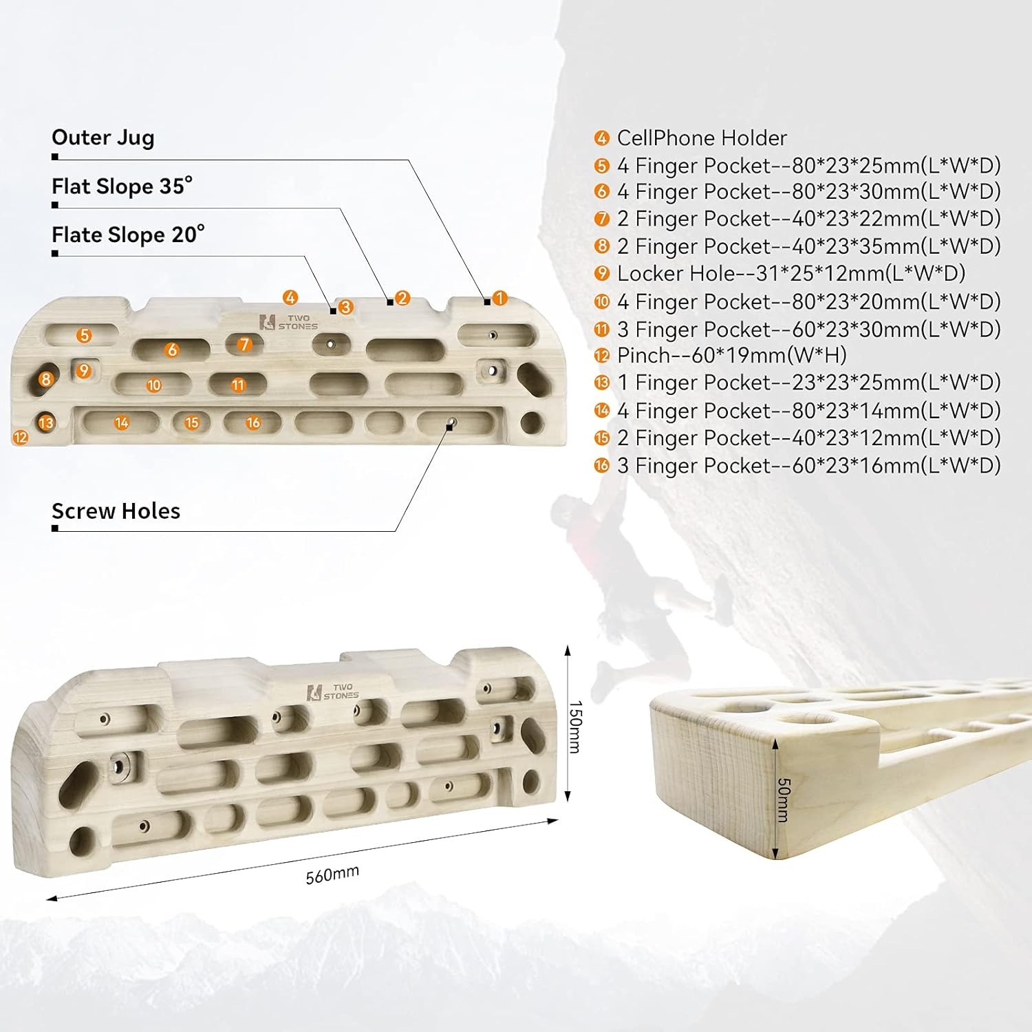 TWO STONES Hangboard rotsklimmen hangplank met optrekstang, inclusief kannen, knijpen, zakken, randen en hellingen voor rotsklimmen training