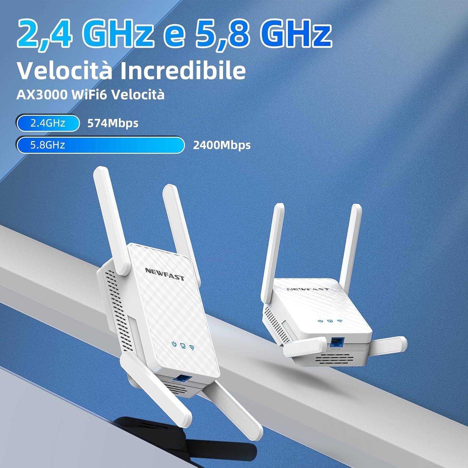 NEWFAST 3000 Mbps krachtige wifi-repeater voor thuis, WiFi6 WiFi Extender Dual Band 2,4 G/5 GHz met 4 x 5dBi antennes, Gigabit Ethernet-aansluiting, WPS-functie, ondersteunt repeatermodus/router/AP