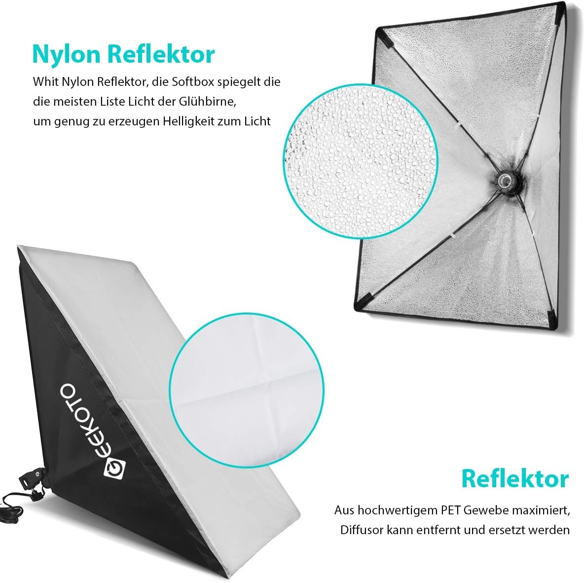 GEEKOTO Softbox set fotostudio 50 x 70 cm, continu licht studiolampset met 2 softboxlampen E27 85 W 5500 K, 2 m volledig verstelbare lichtstatieven voor studio-portretten, productfotografie