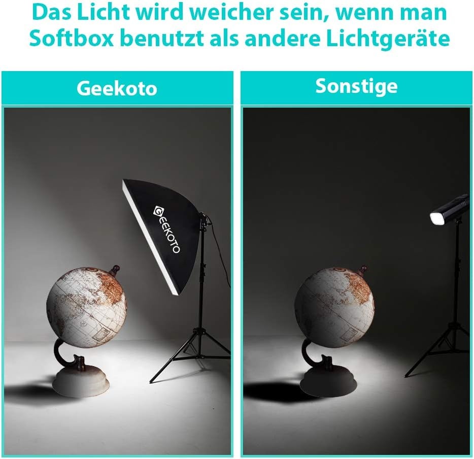 GEEKOTO Softbox set fotostudio 50 x 70 cm, continu licht studiolampset met 2 softboxlampen E27 85 W 5500 K, 2 m volledig verstelbare lichtstatieven voor studio-portretten, productfotografie