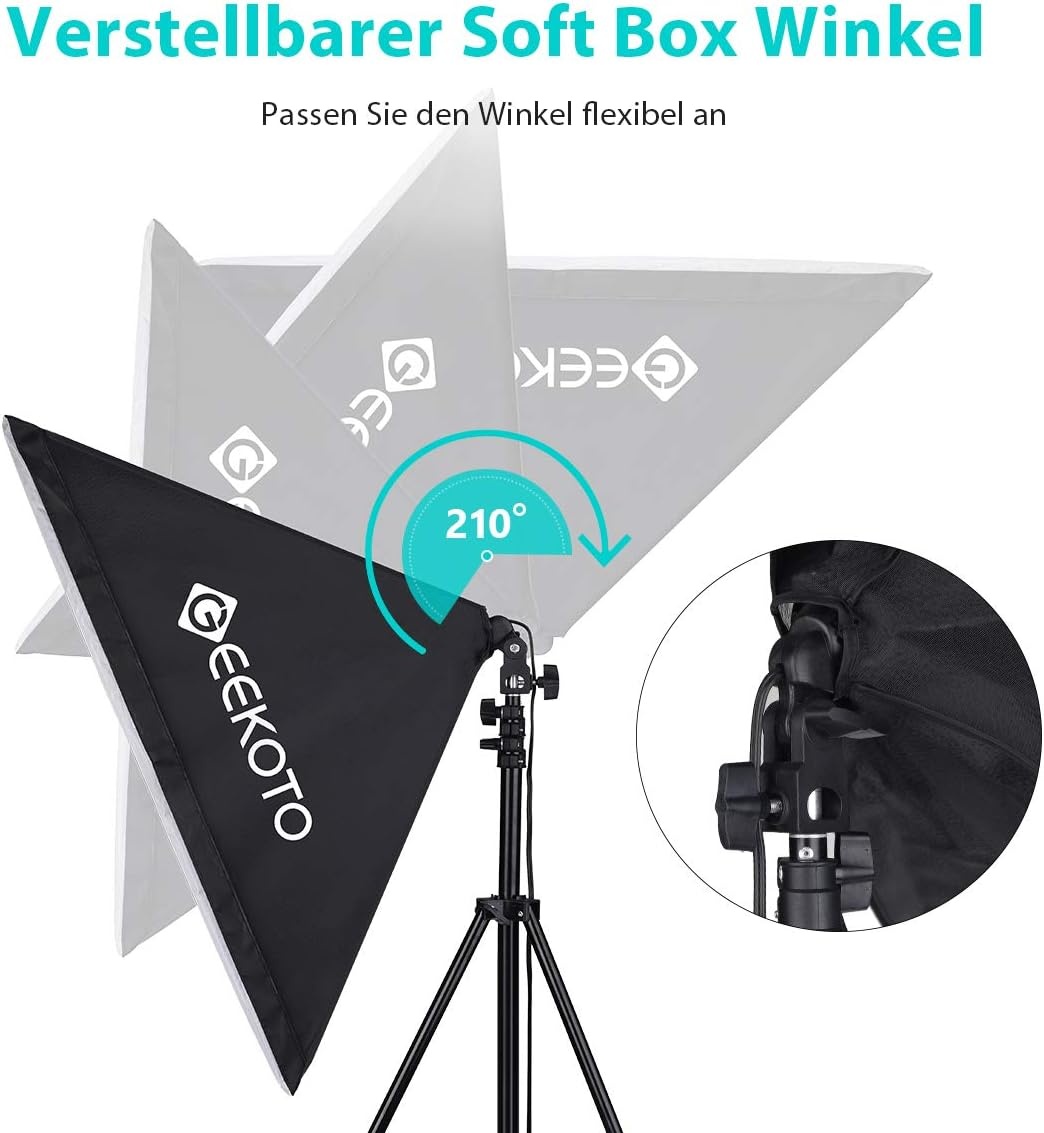 GEEKOTO Softbox set fotostudio 50 x 70 cm, continu licht studiolampset met 2 softboxlampen E27 85 W 5500 K, 2 m volledig verstelbare lichtstatieven voor studio-portretten, productfotografie
