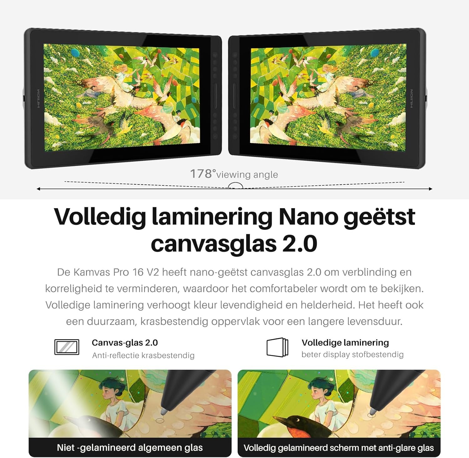 HUION Kamvas Pro 16 V2 grafisch tablet met display, 15,6 inch volledig gelamineerd AG-glas, 16384 pendruk, 99% sRGB-afdekking, Smart Touch Bar en 6-toetsen kunsttablet, werkt met Windows, Mac