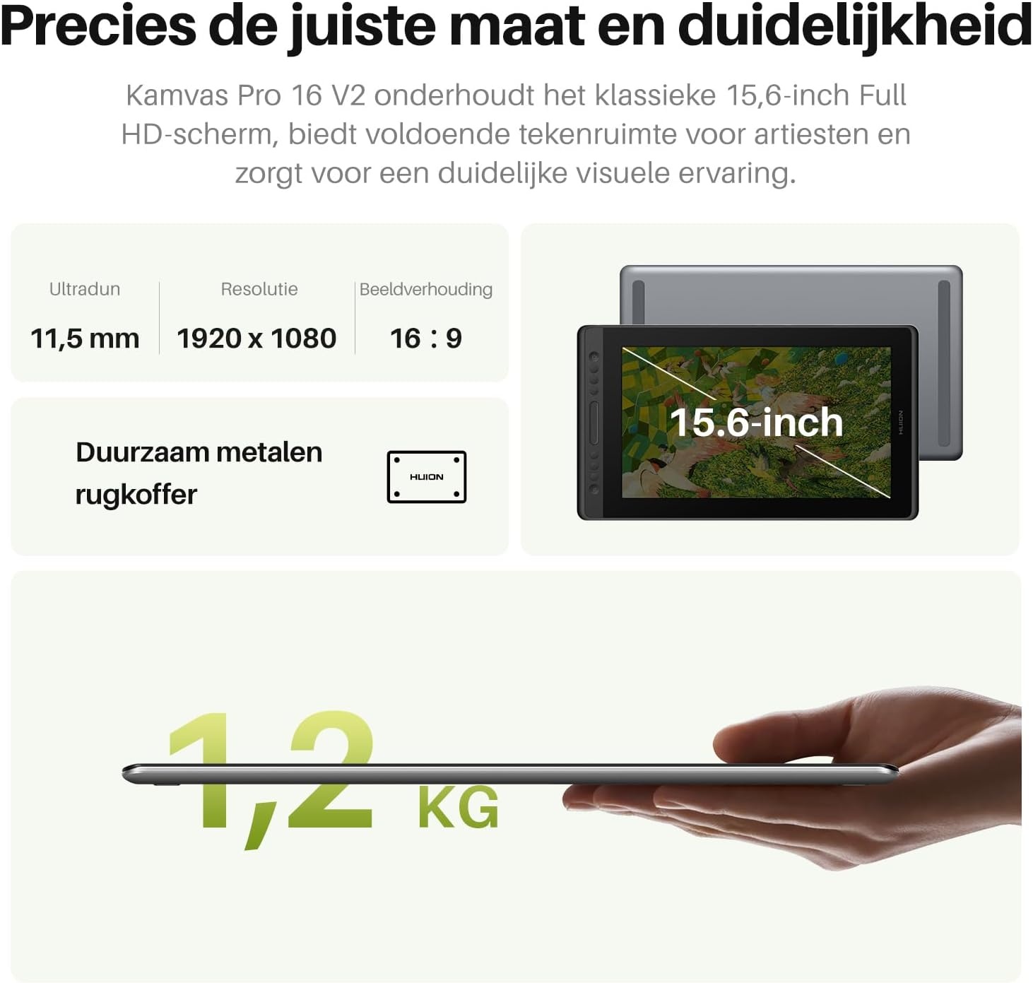 HUION Kamvas Pro 16 V2 grafisch tablet met display, 15,6 inch volledig gelamineerd AG-glas, 16384 pendruk, 99% sRGB-afdekking, Smart Touch Bar en 6-toetsen kunsttablet, werkt met Windows, Mac