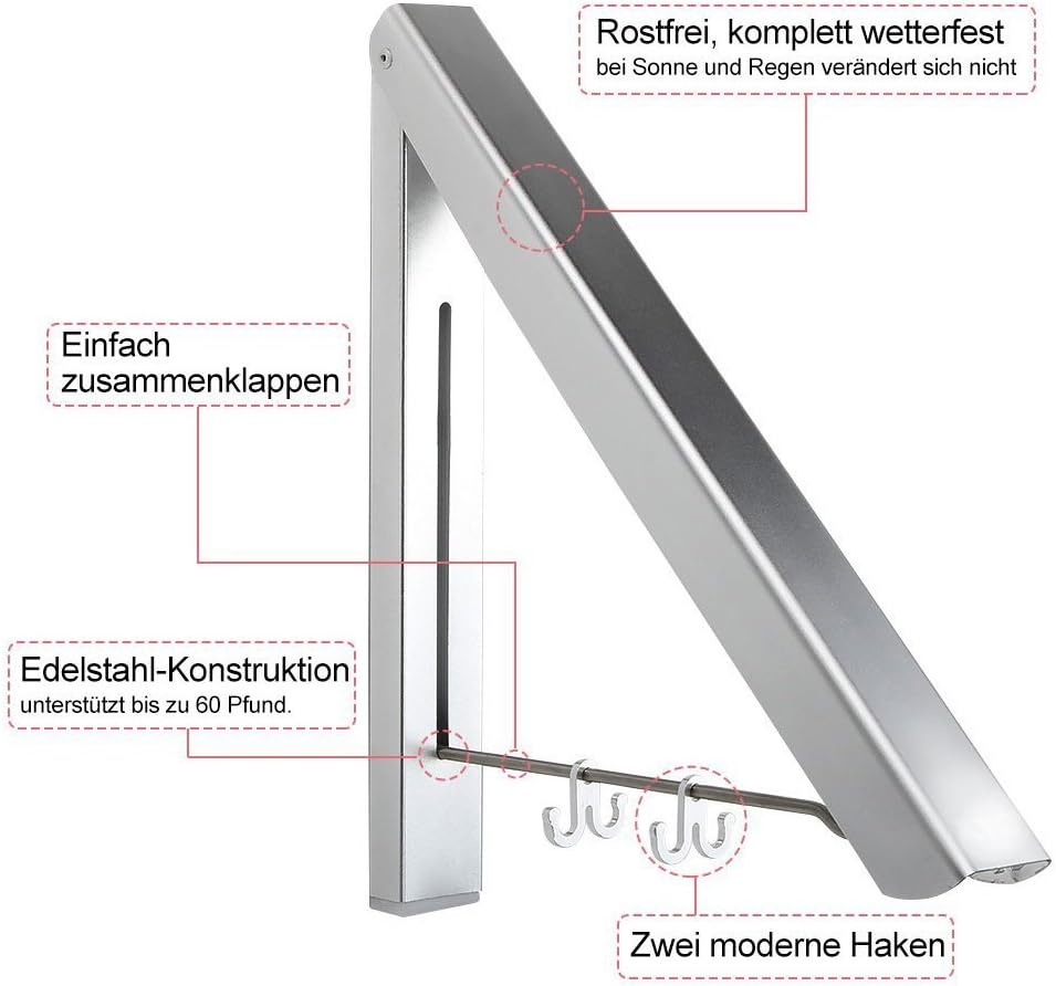 LEBEXY XY Life Kledinghaken, inklapbaar, voor buiten, klaphaak, wasventilator, wandhaak, kledingrek, garderobehaken voor hoeken, balkon, wasdroger, B