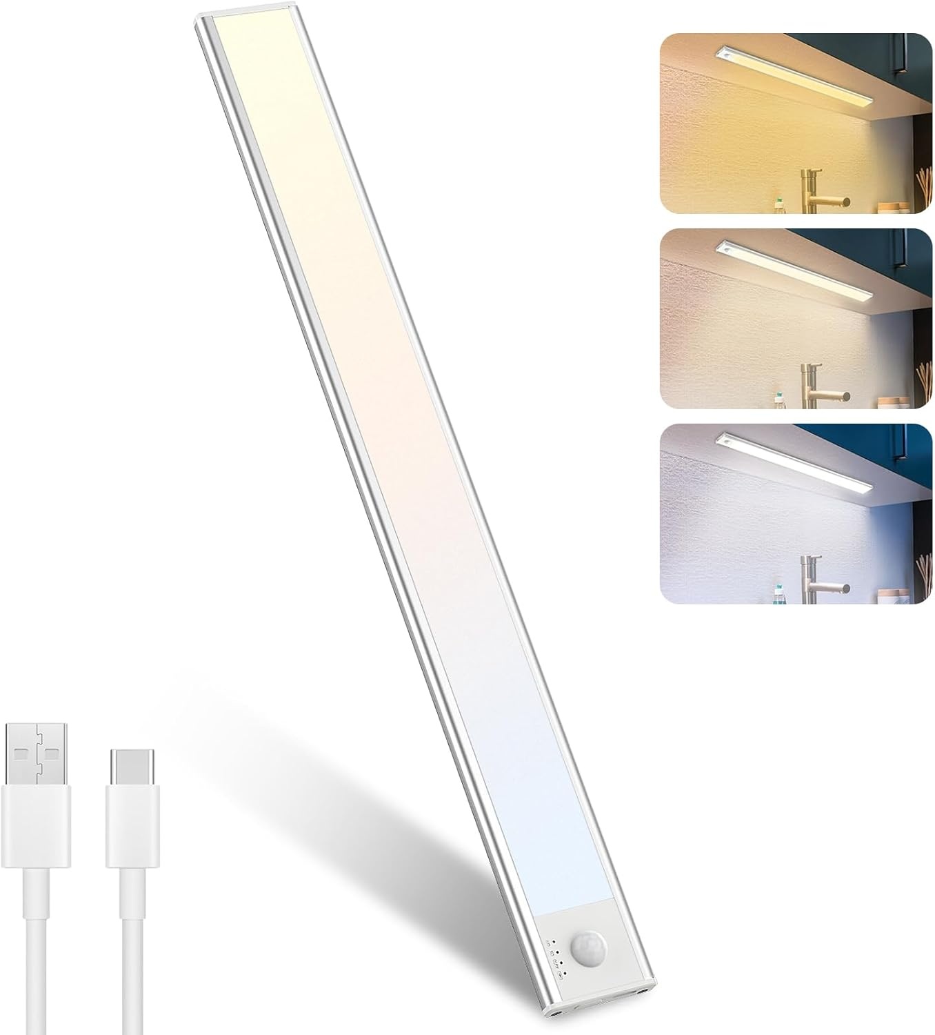 Led-onderbouwlamp, 40 cm, draadloos, 3000 K-4000 K-6500 K, kastverlichting, bewegingsmelder, traploze dimbare lichtstrip, afneembare batterij, voor kledingkast, trap, badkamer en kasten, 1 stuk