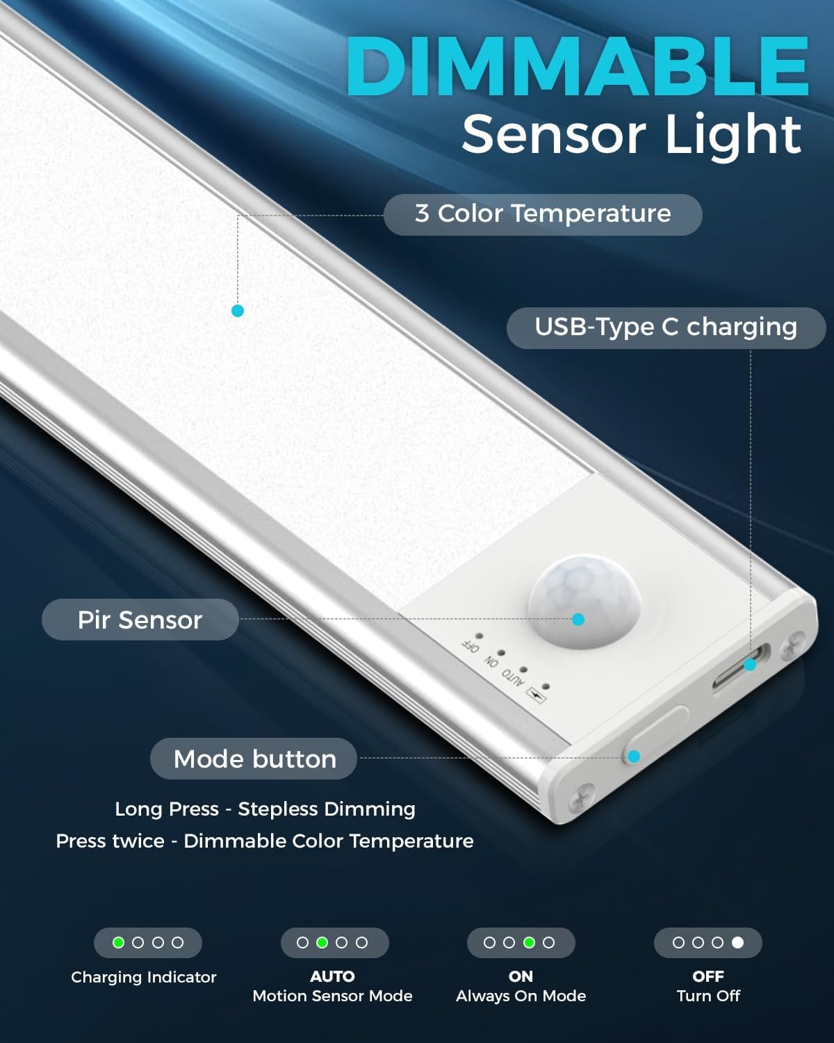 Led-onderbouwlamp, 40 cm, draadloos, 3000 K-4000 K-6500 K, kastverlichting, bewegingsmelder, traploze dimbare lichtstrip, afneembare batterij, voor kledingkast, trap, badkamer en kasten, 1 stuk