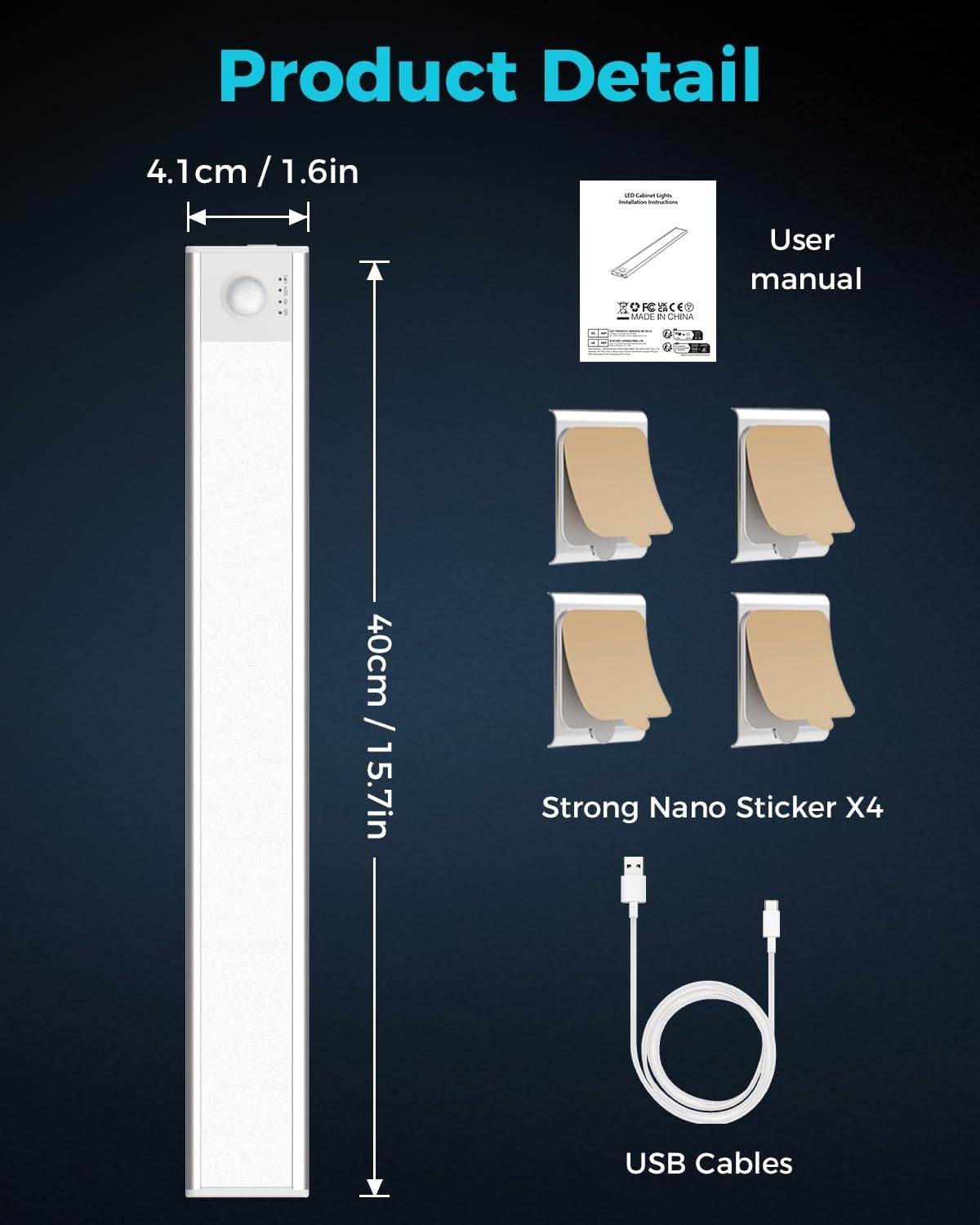Led-onderbouwlamp, 40 cm, draadloos, 3000 K-4000 K-6500 K, kastverlichting, bewegingsmelder, traploze dimbare lichtstrip, afneembare batterij, voor kledingkast, trap, badkamer en kasten, 1 stuk