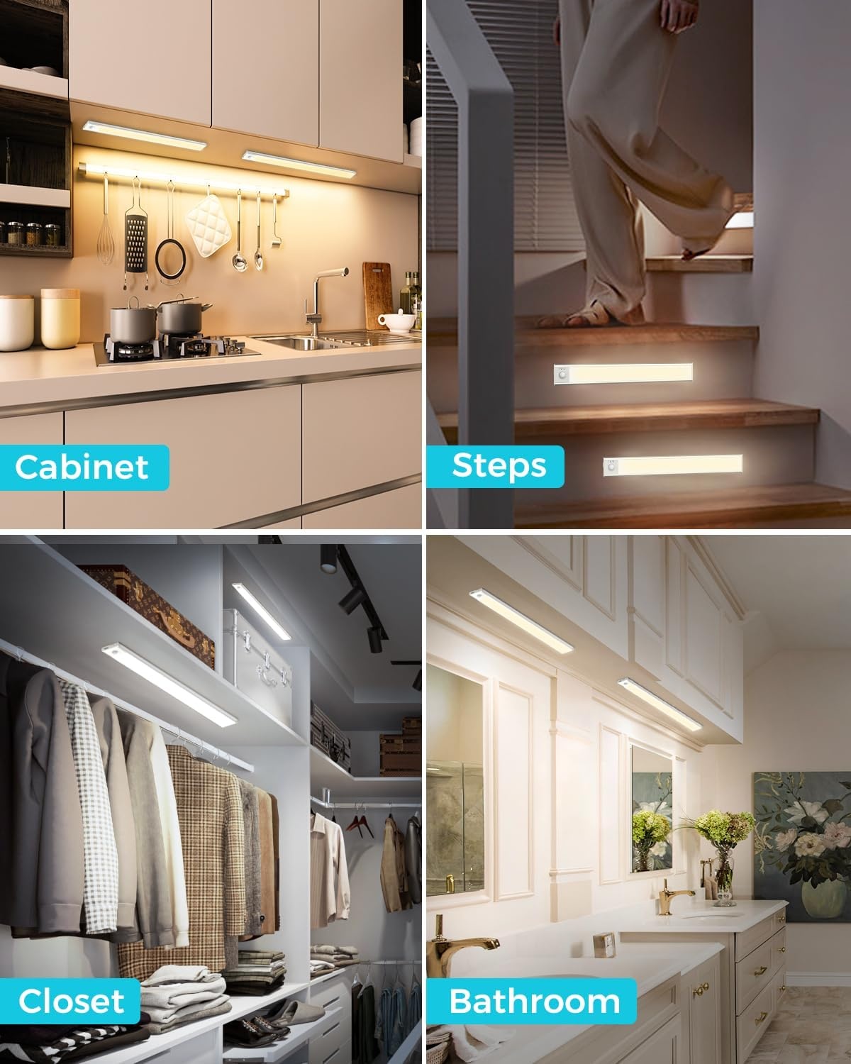 Led-onderbouwlamp, 40 cm, draadloos, 3000 K-4000 K-6500 K, kastverlichting, bewegingsmelder, traploze dimbare lichtstrip, afneembare batterij, voor kledingkast, trap, badkamer en kasten, 1 stuk