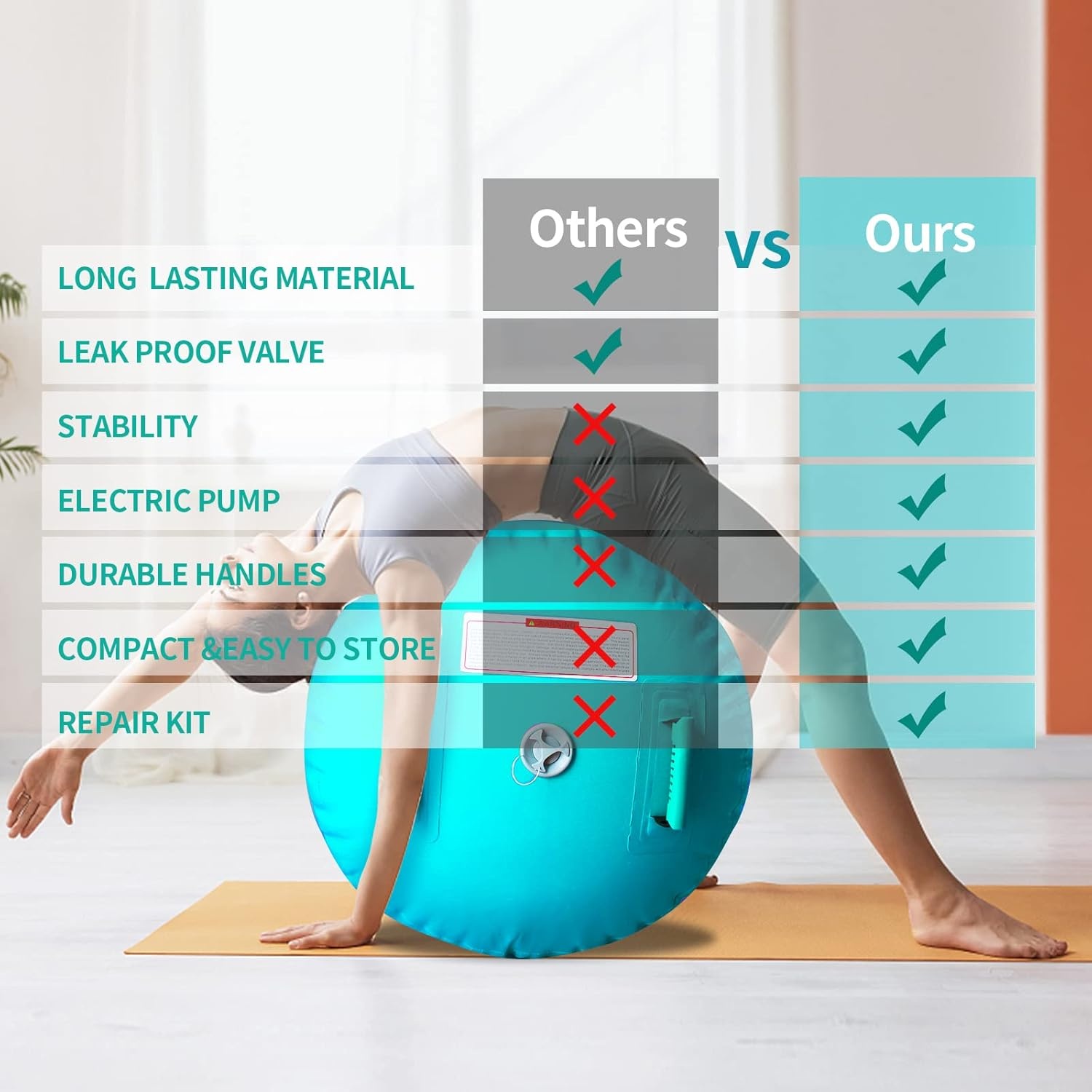 Opblaasbare Air Roll Air Barrel, gymnastiekmat met pomp, gymnastiekmat voor thuis, taekwondo, yoga, gym, fitness